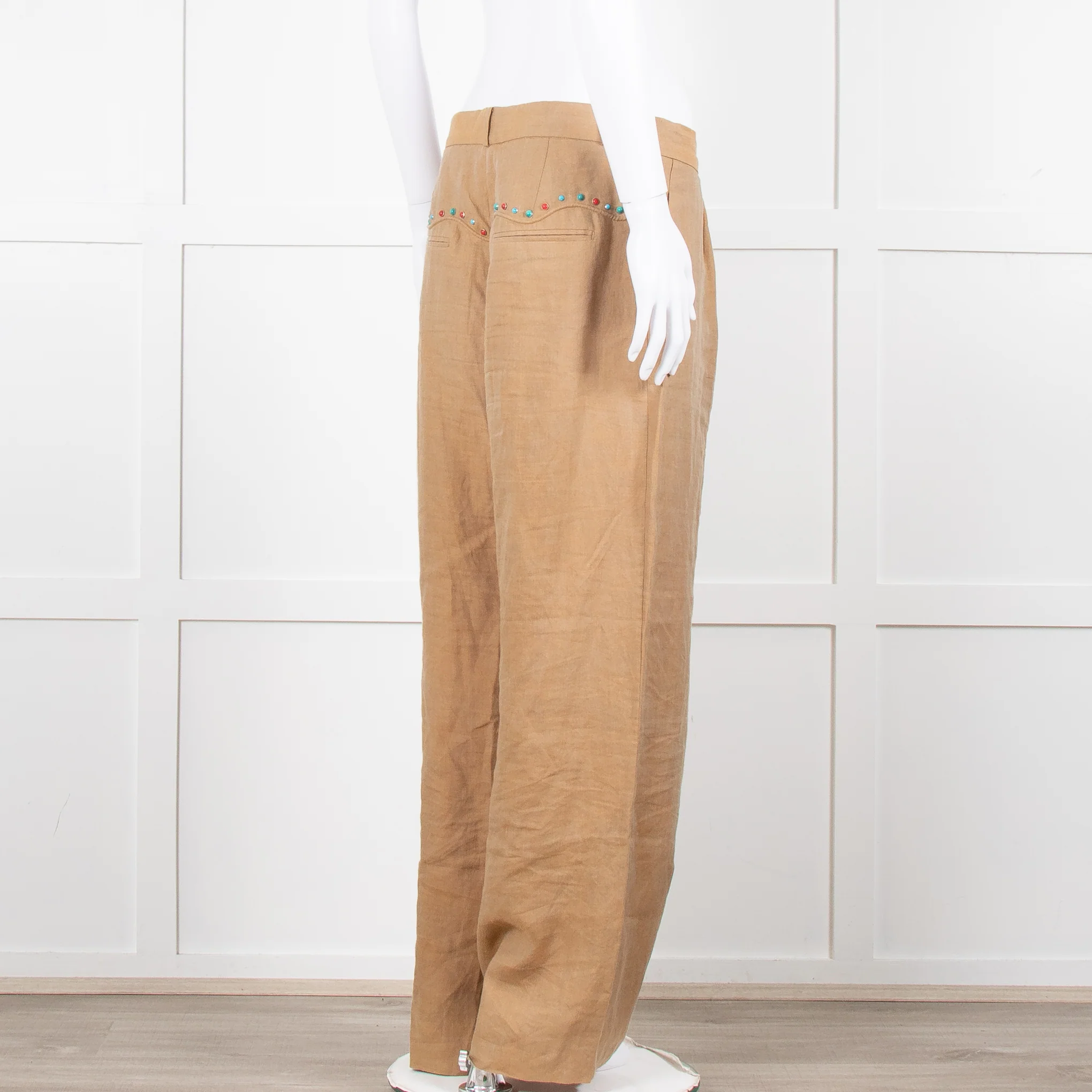 Mes Demoiselles Khaki Woven Straight Fit Trousers with Crystal Studs - Image 5