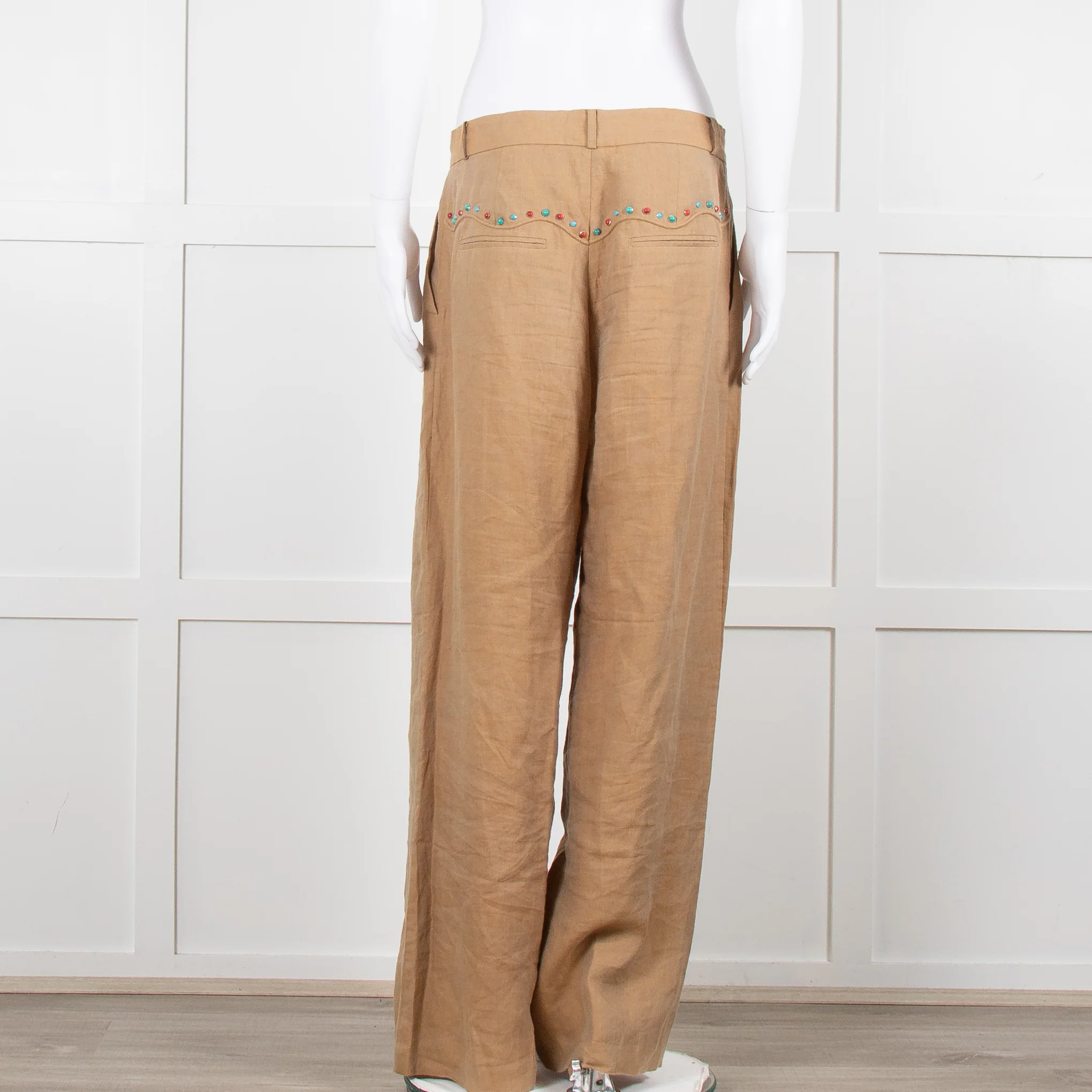 Mes Demoiselles Khaki Woven Straight Fit Trousers with Crystal Studs - Image 6