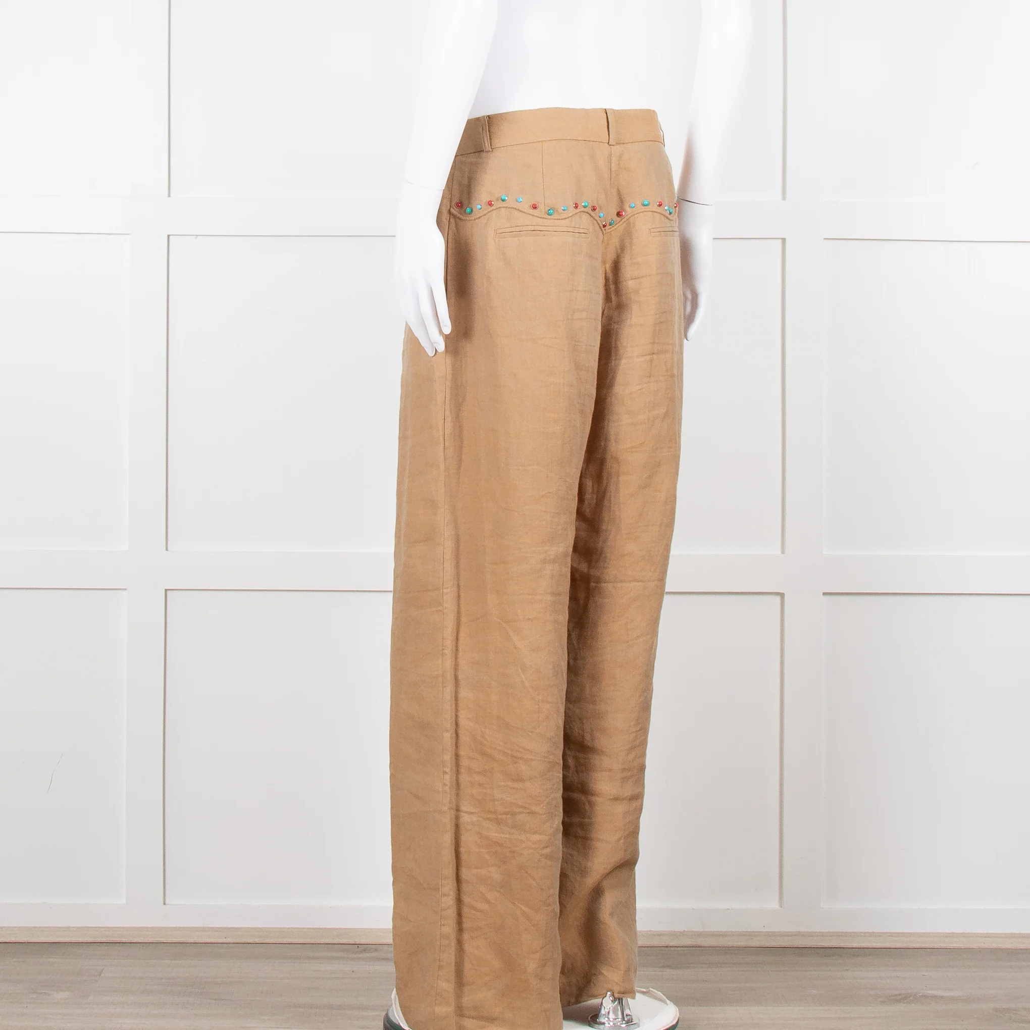 Mes Demoiselles Khaki Woven Straight Fit Trousers with Crystal Studs - Image 7