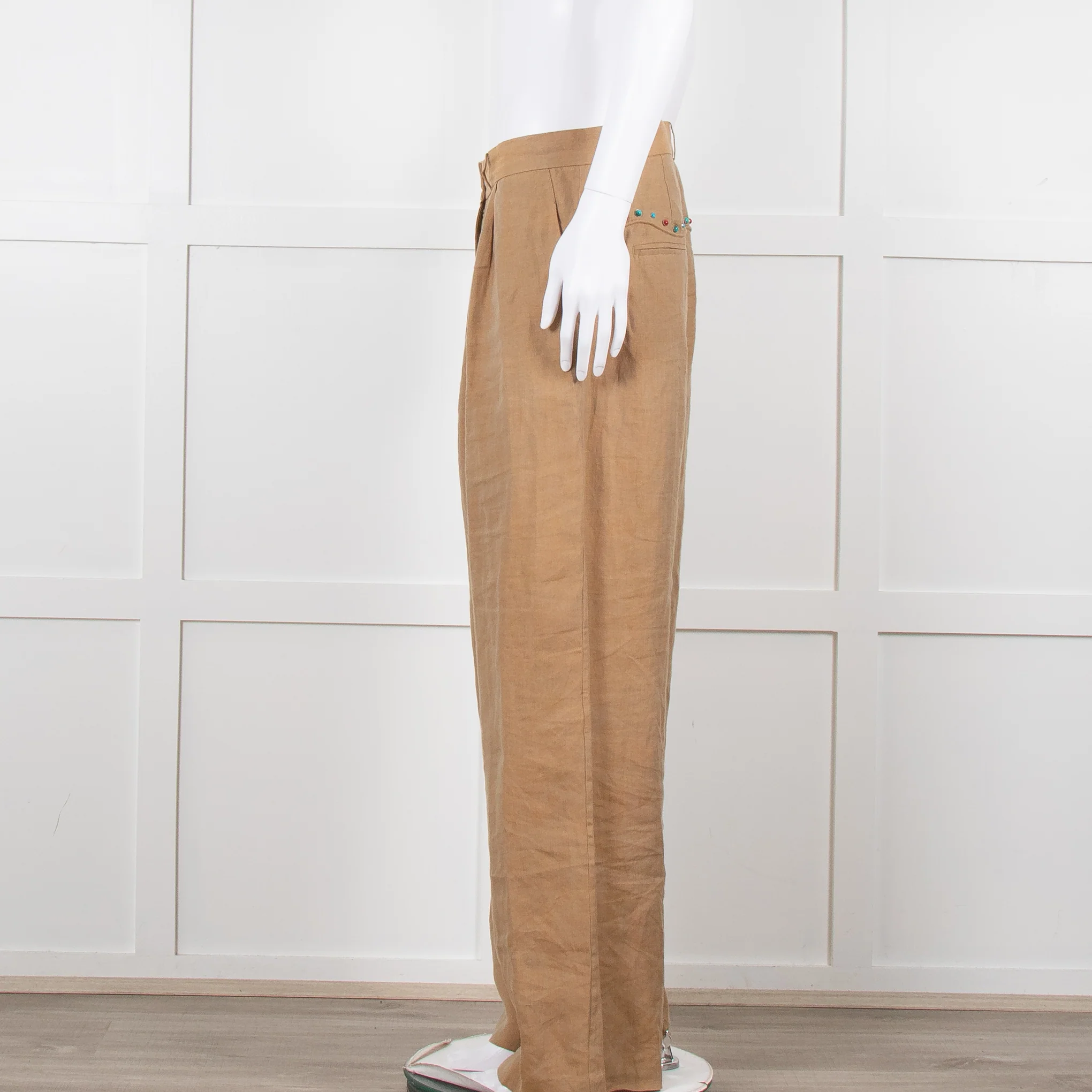 Mes Demoiselles Khaki Woven Straight Fit Trousers with Crystal Studs - Image 8