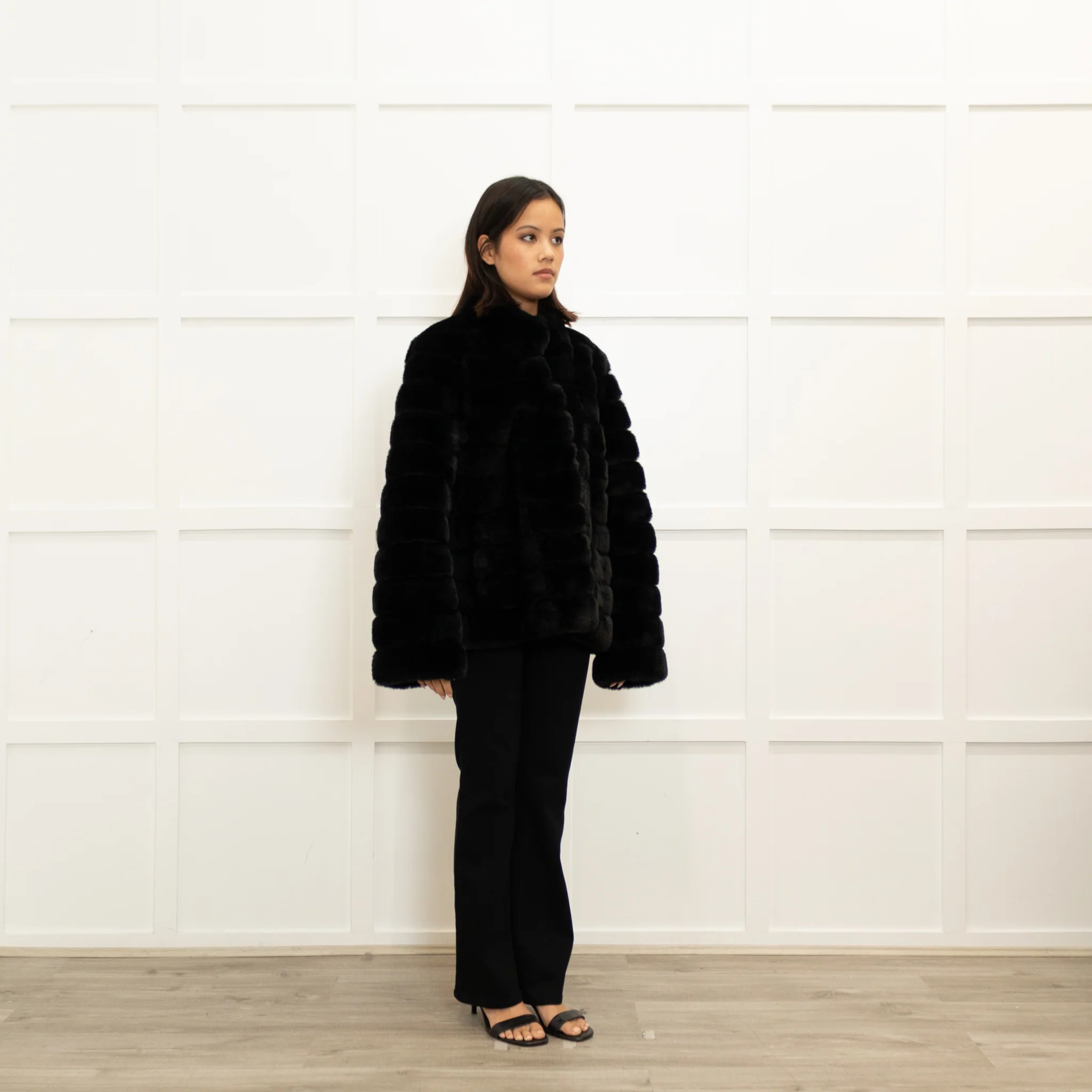 Michael By Michael Kors Black Faux Fur Press Stud Button Jacket - Image 3