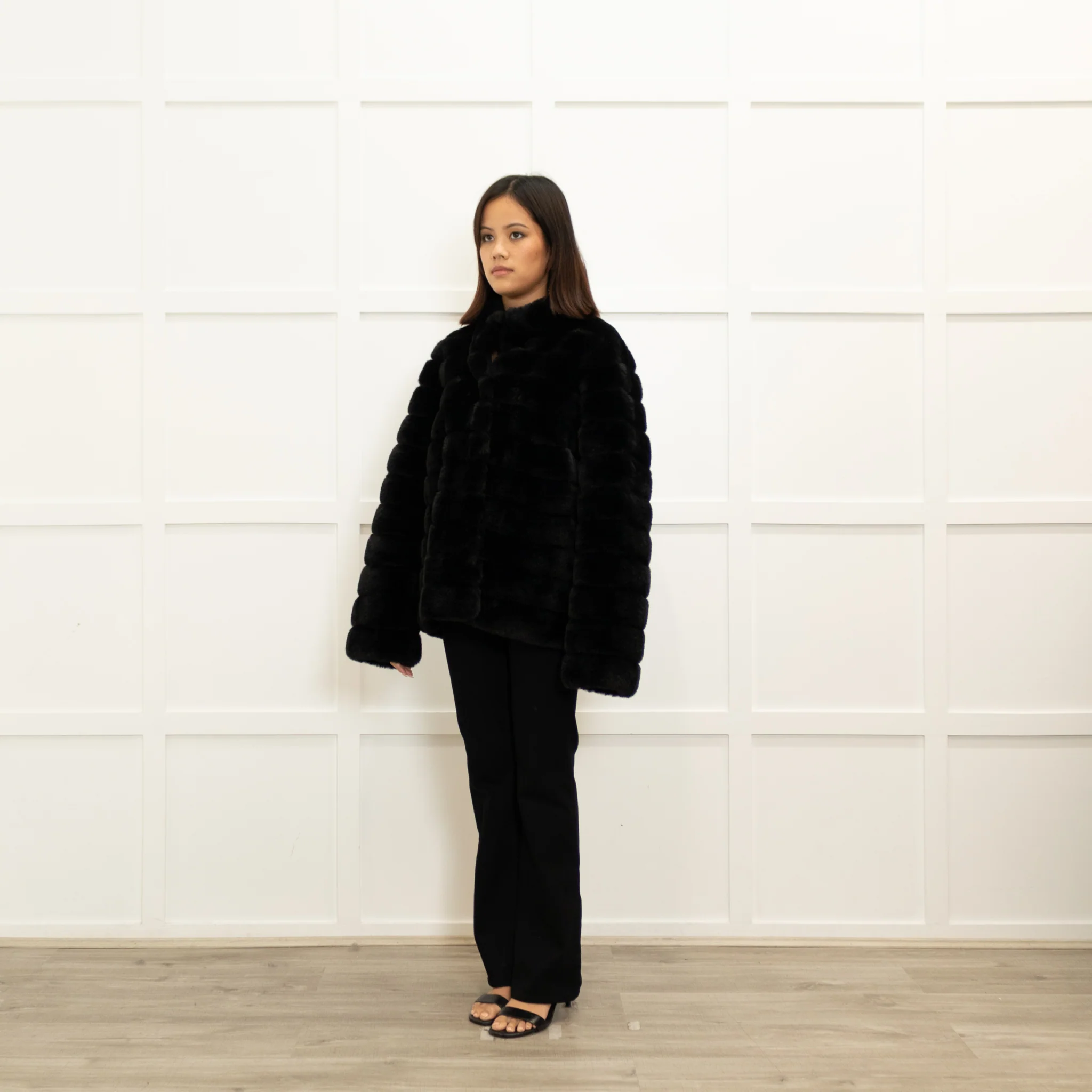 Michael By Michael Kors Black Faux Fur Press Stud Button Jacket - Image 7