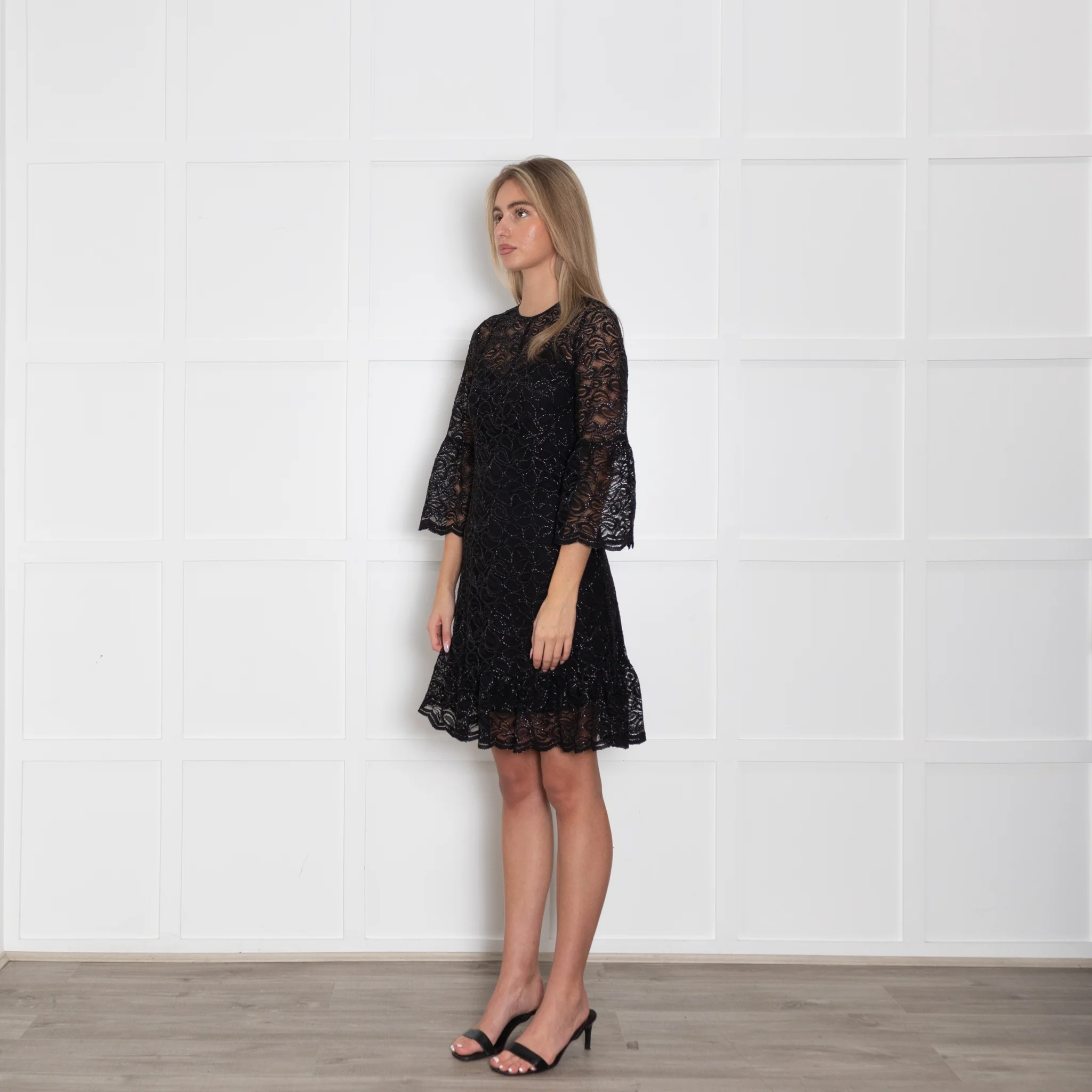 Michael By Michael Kors Black Lace And Lurex Long Sleeve Short Dress - Image 3