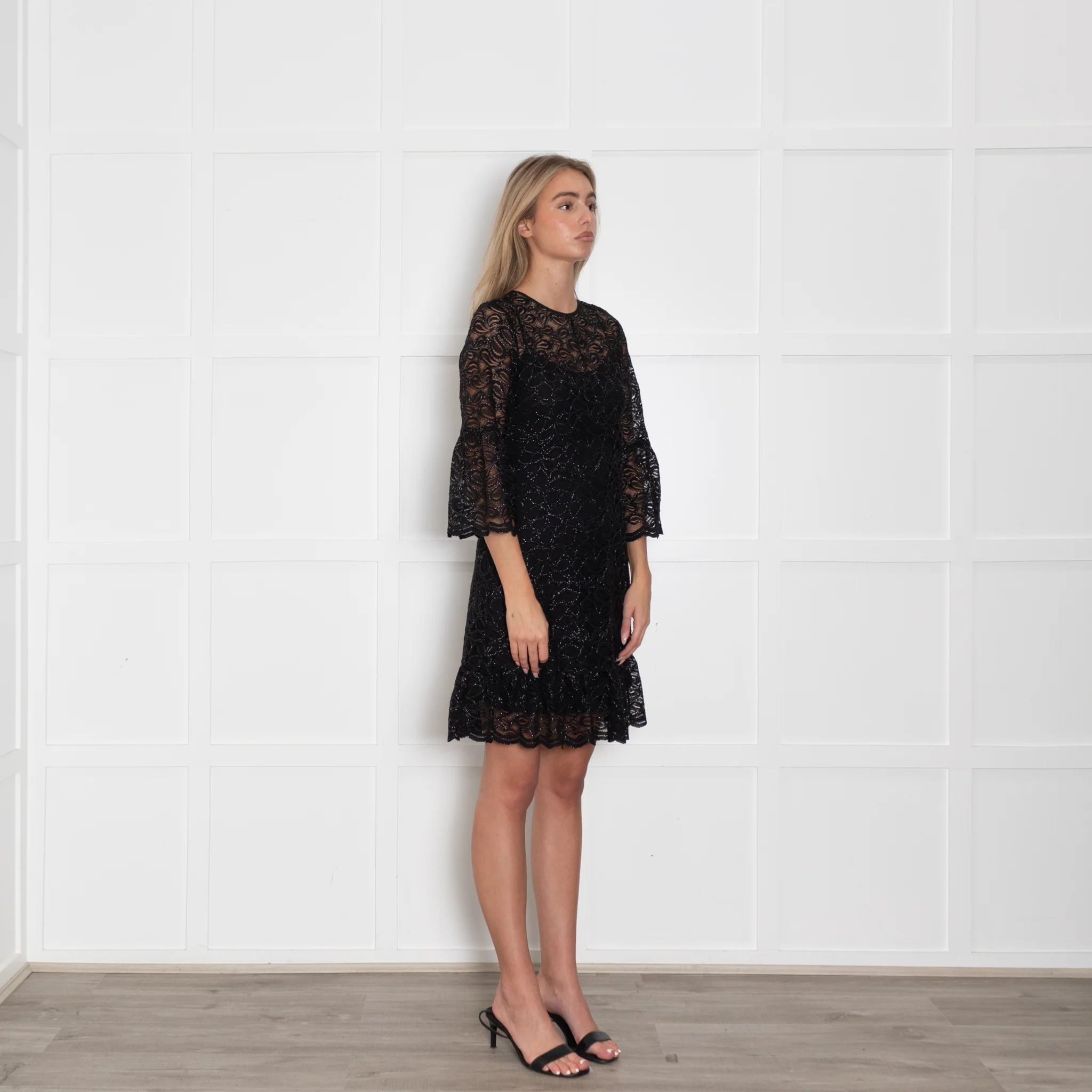 Michael By Michael Kors Black Lace And Lurex Long Sleeve Short Dress - Image 7