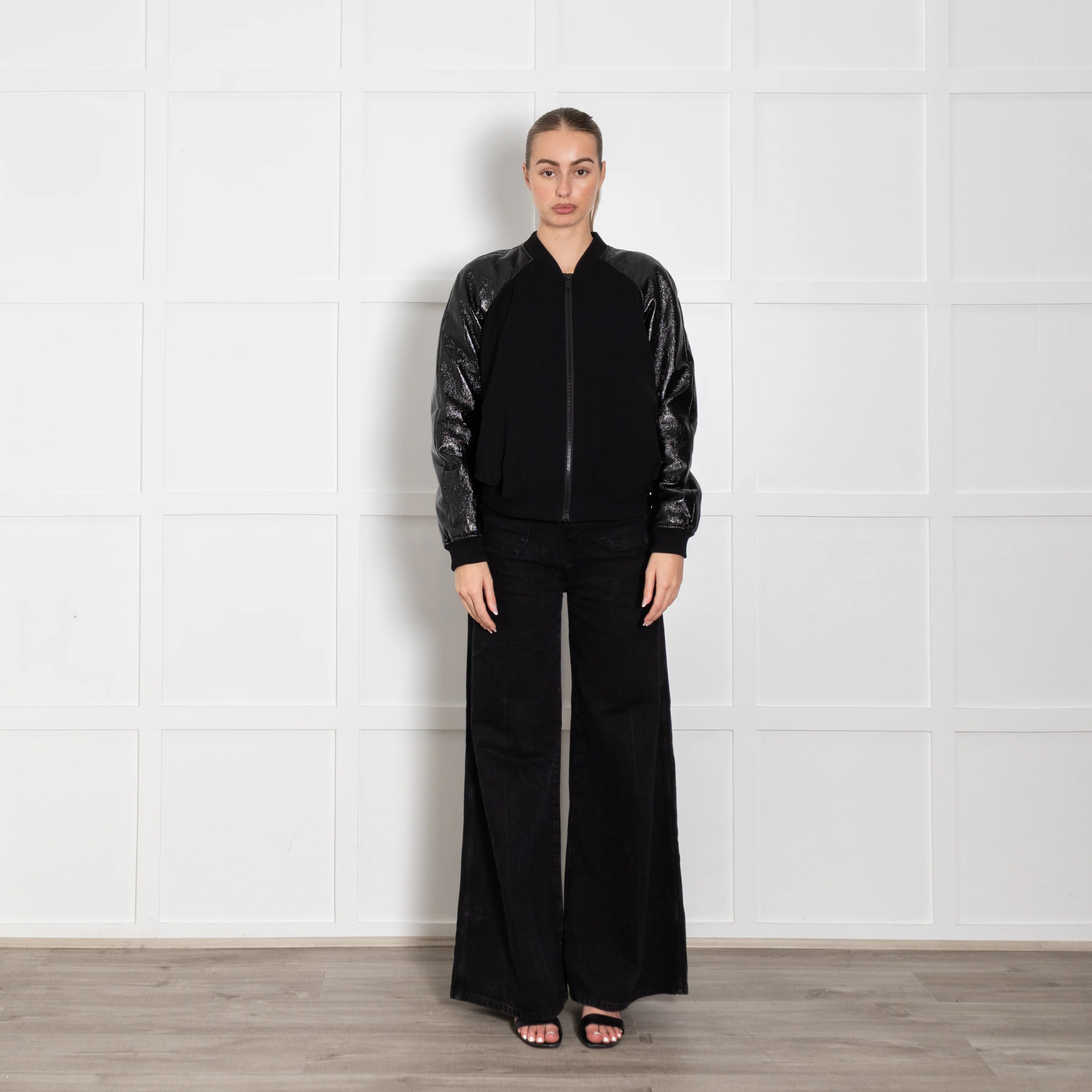 Michael By Michael Kors Black Patent Pleather Sleeve Bomber Jacket