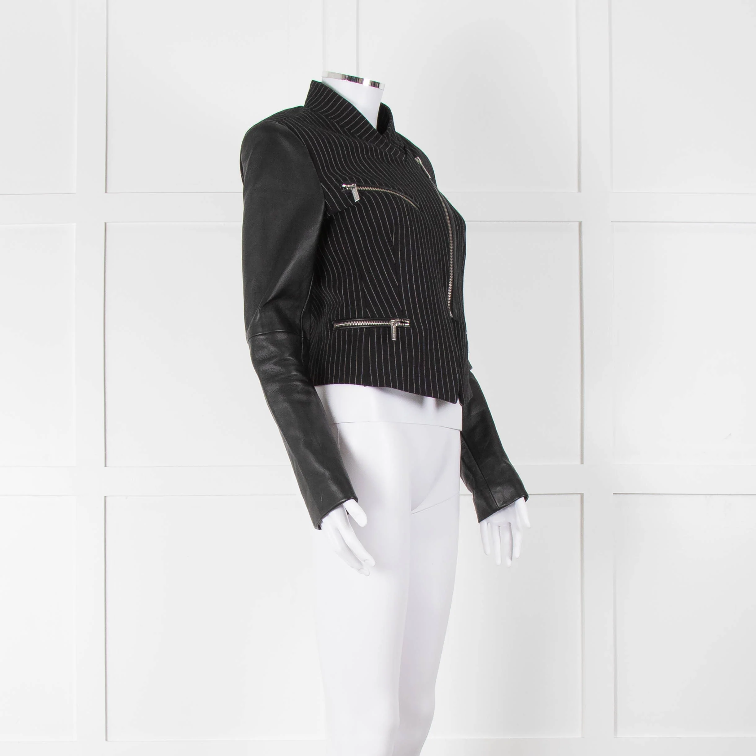 Michael By Michael Kors Black Pinstripe Leather Sleeve Zip Jacket - Image 2