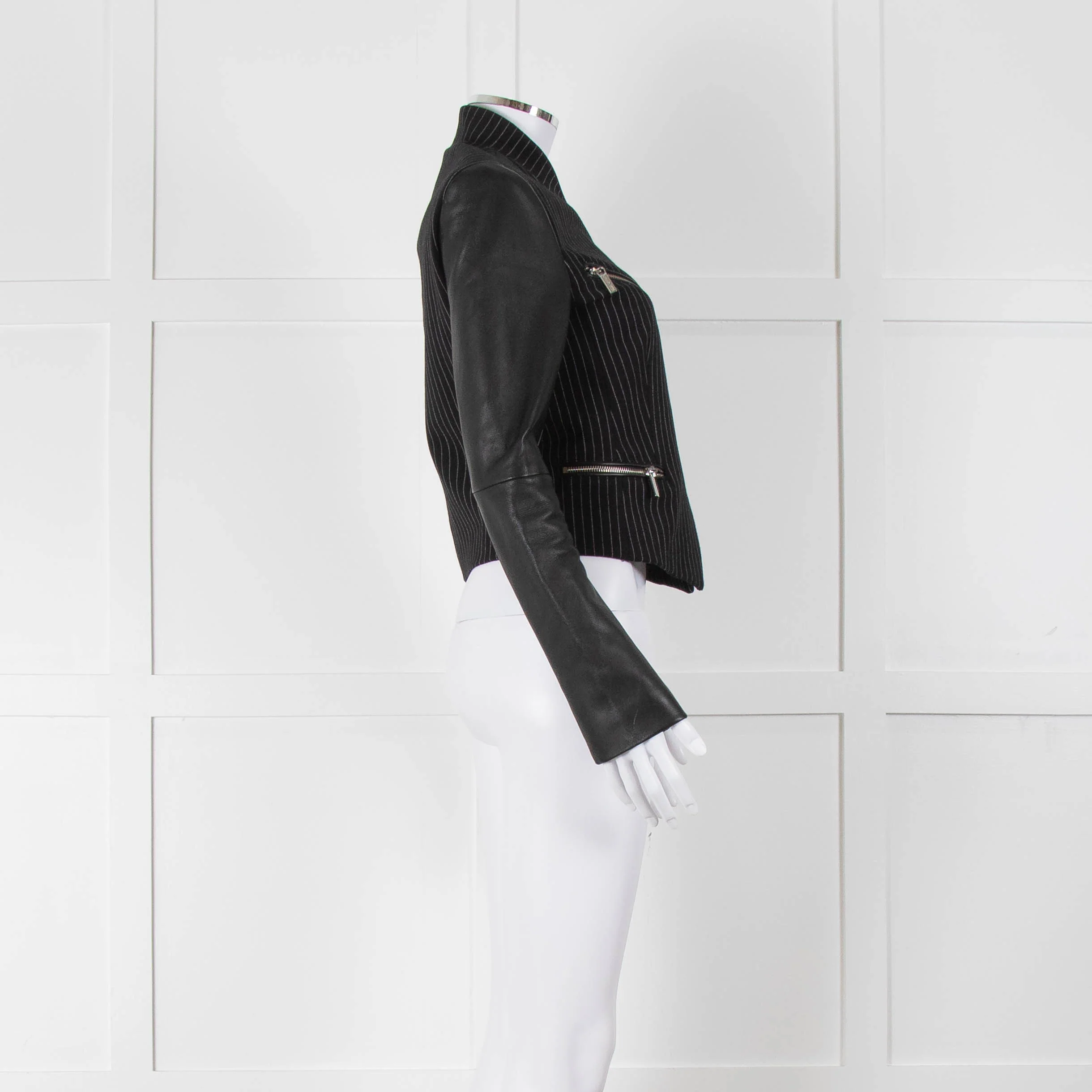 Michael By Michael Kors Black Pinstripe Leather Sleeve Zip Jacket - Image 3