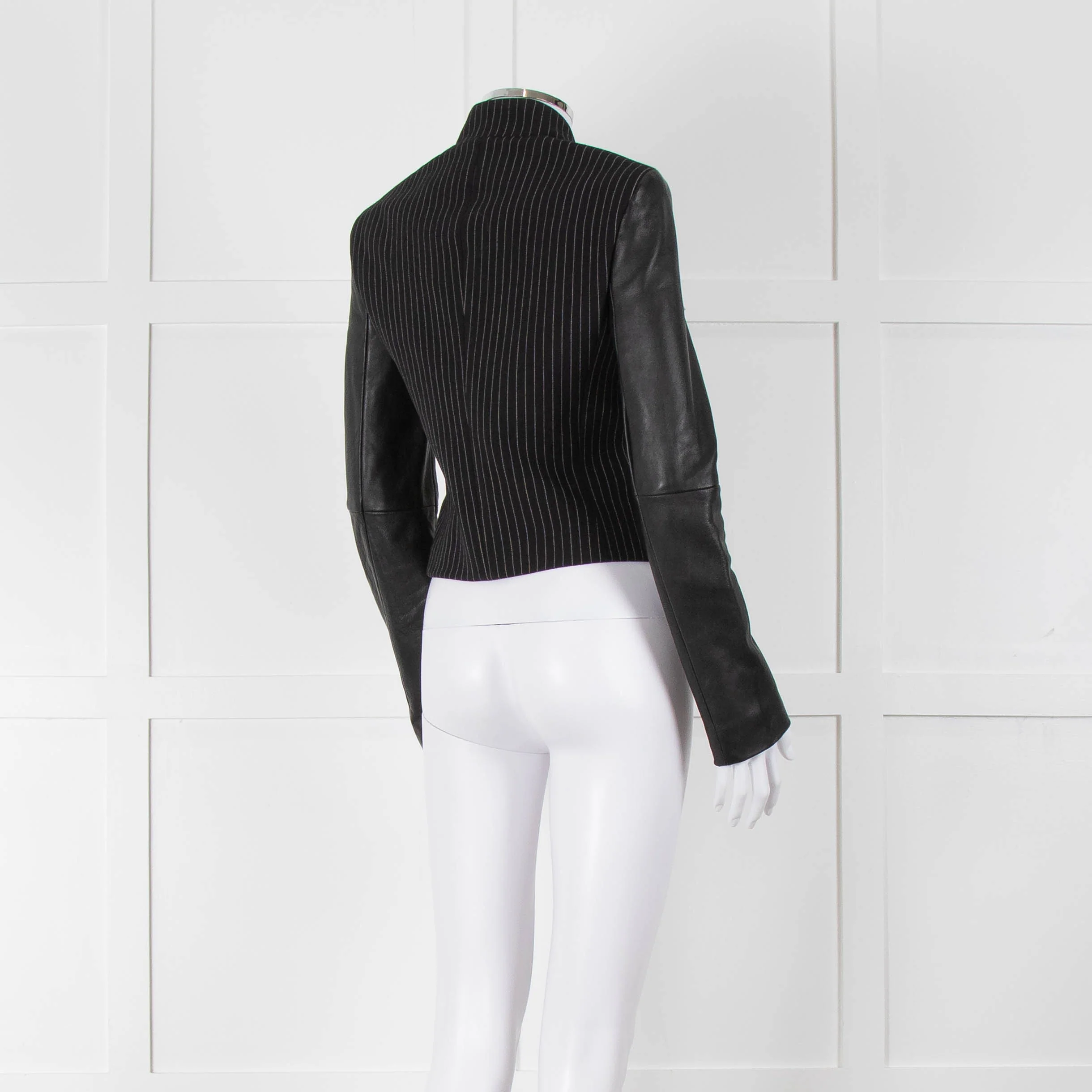 Michael By Michael Kors Black Pinstripe Leather Sleeve Zip Jacket - Image 4
