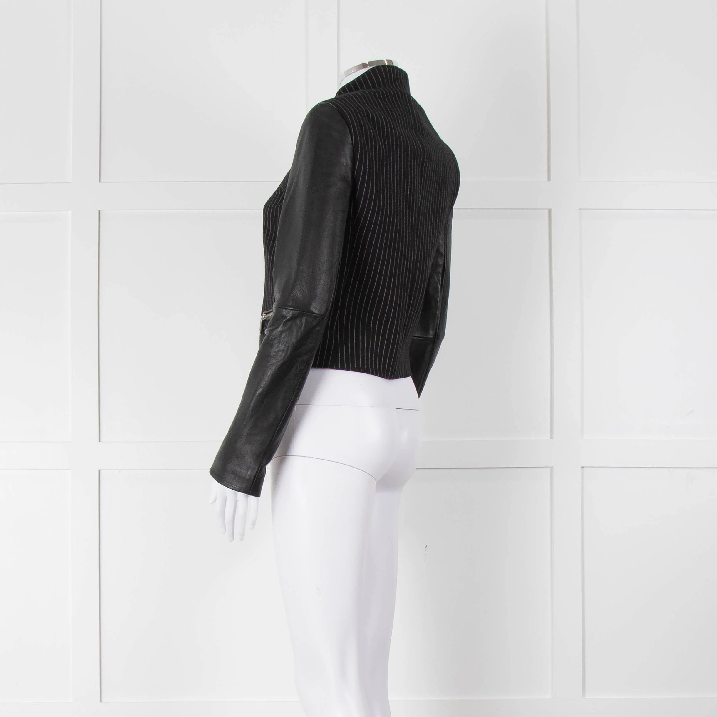 Michael By Michael Kors Black Pinstripe Leather Sleeve Zip Jacket - Image 6