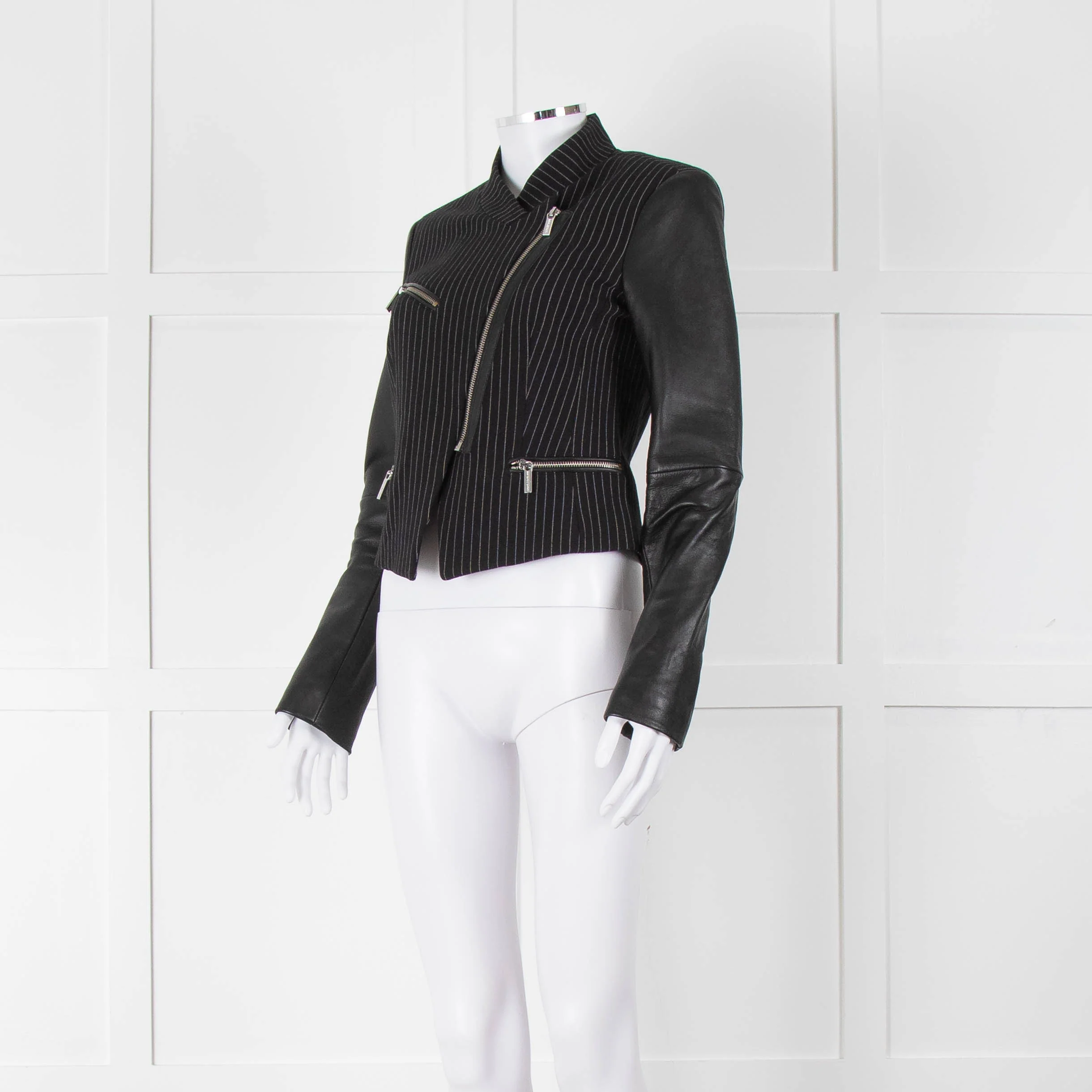 Michael By Michael Kors Black Pinstripe Leather Sleeve Zip Jacket - Image 8