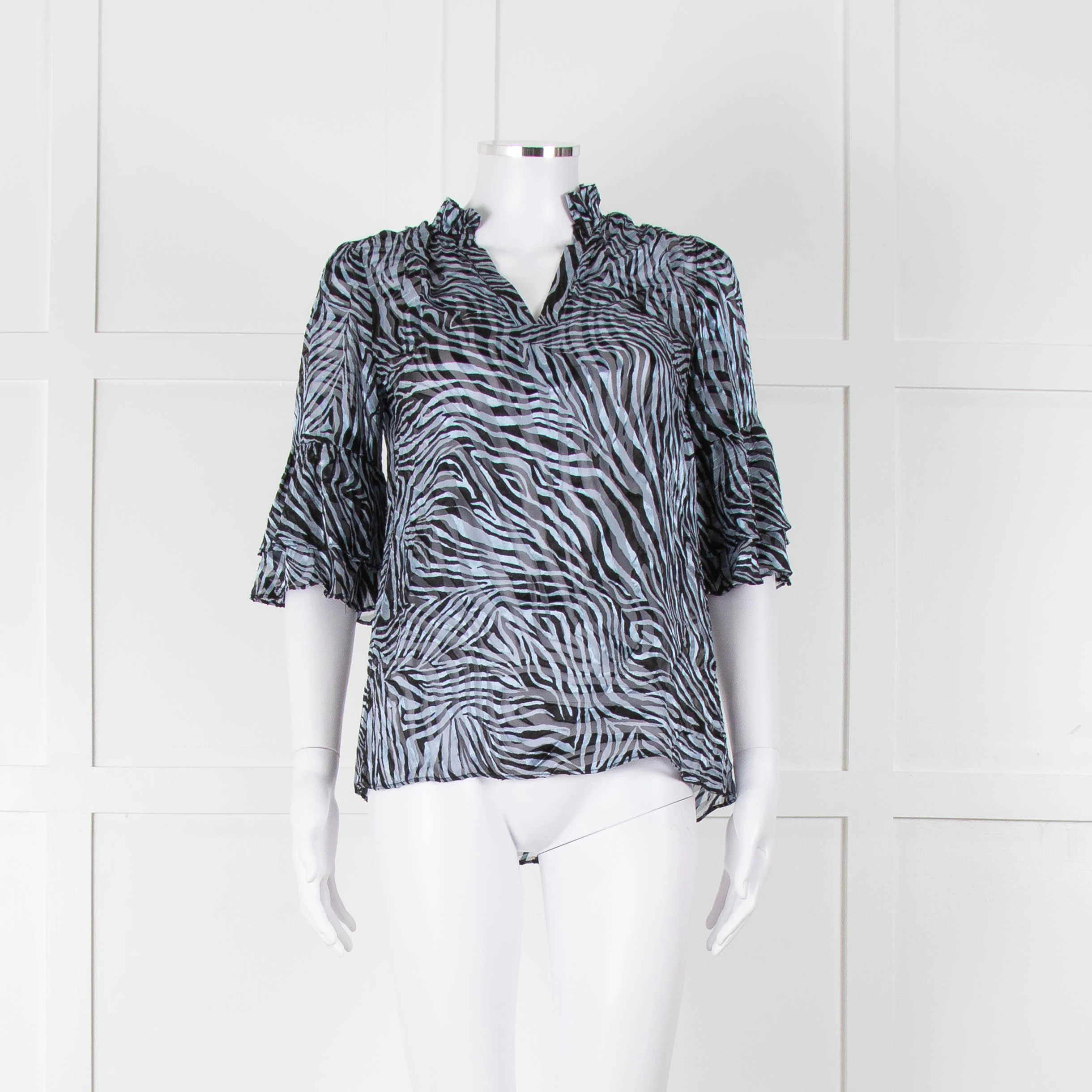 Michael By Michael Kors Blue Black Zebra Print Ruffled Sleeve Top