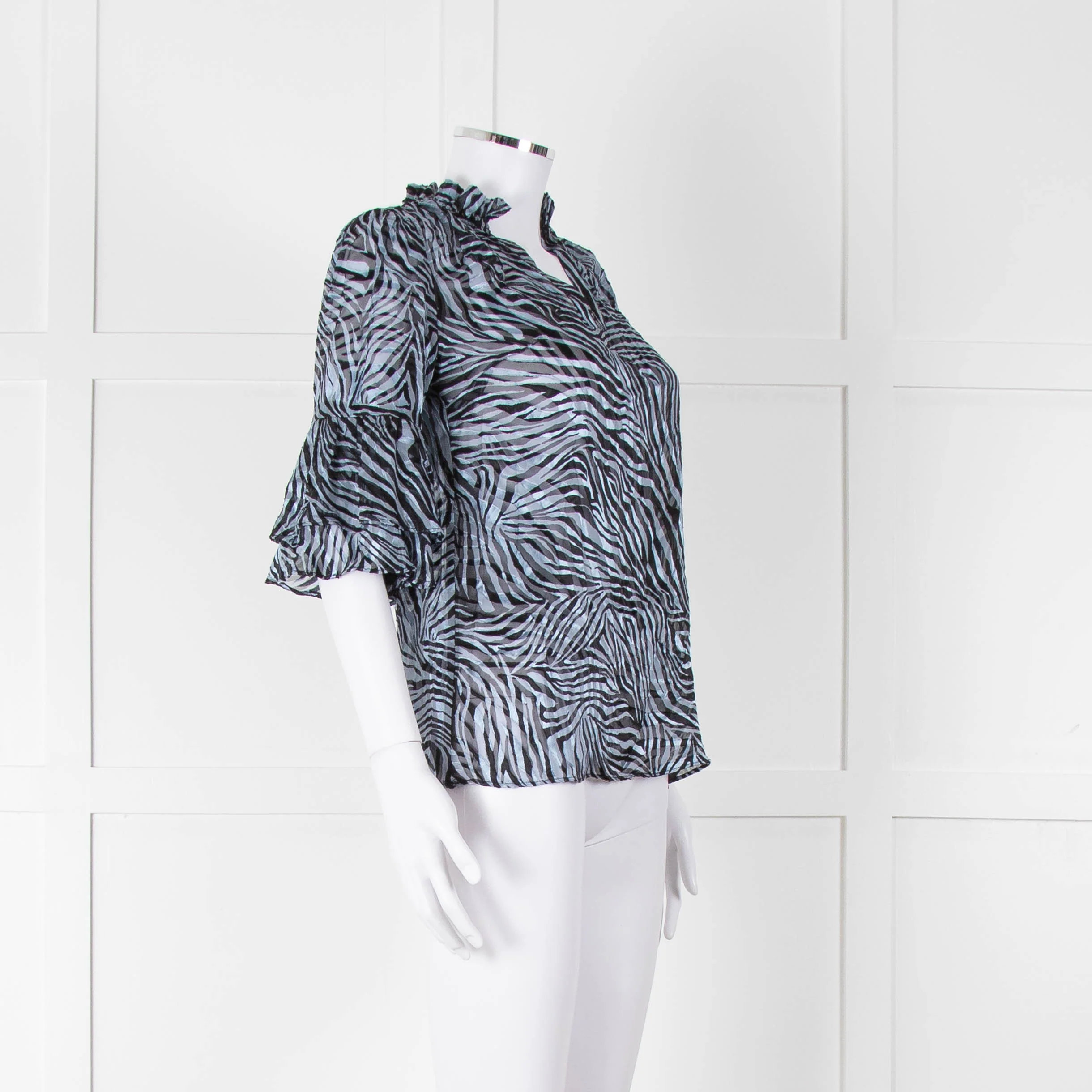 Michael By Michael Kors Blue Black Zebra Print Ruffled Sleeve Top - Image 2