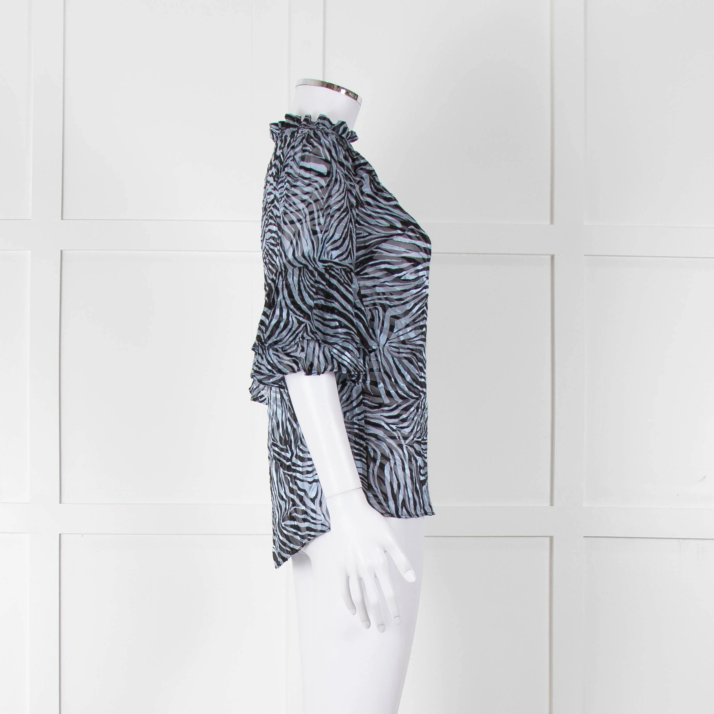 Michael By Michael Kors Blue Black Zebra Print Ruffled Sleeve Top - Image 3