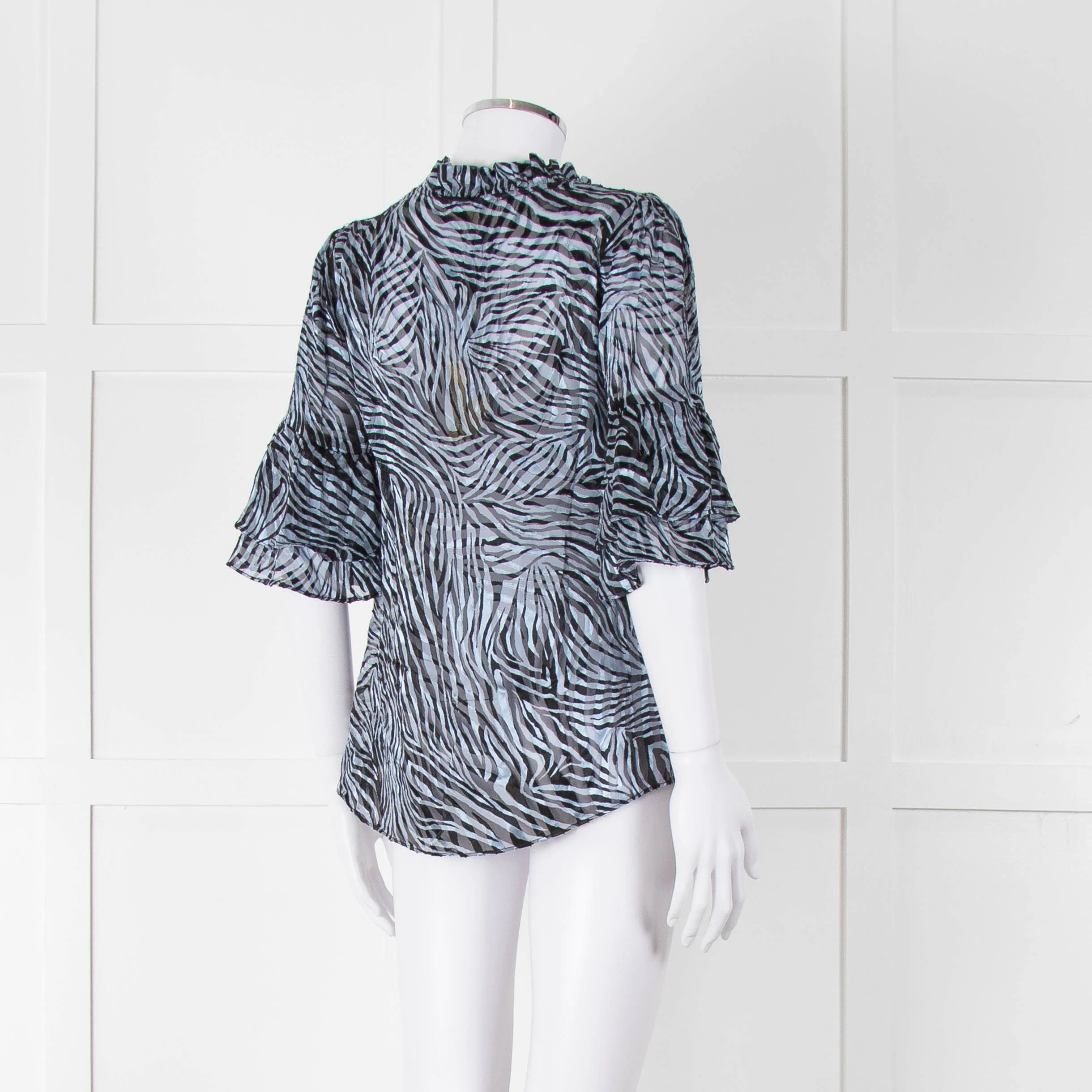Michael By Michael Kors Blue Black Zebra Print Ruffled Sleeve Top - Image 4