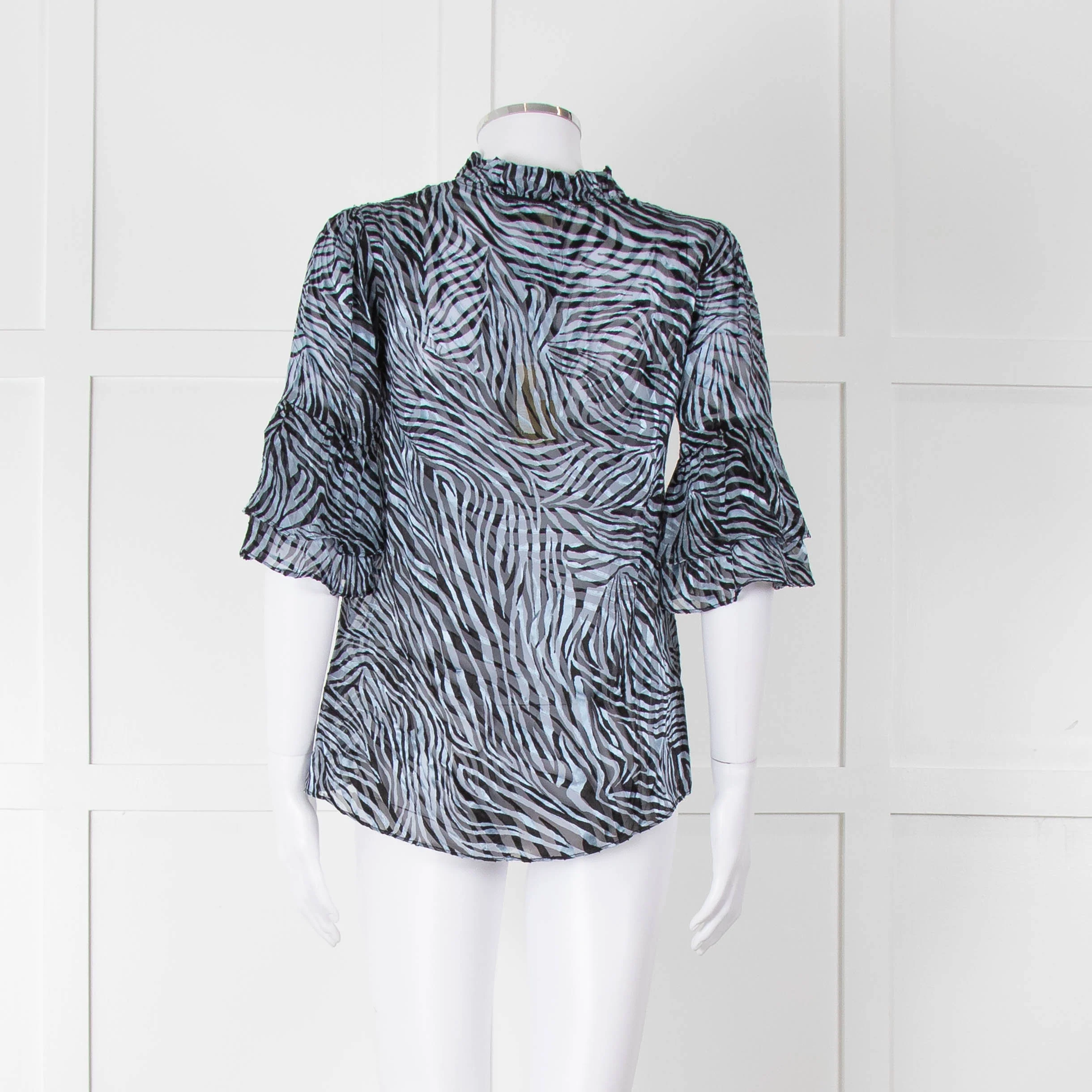 Michael By Michael Kors Blue Black Zebra Print Ruffled Sleeve Top - Image 5