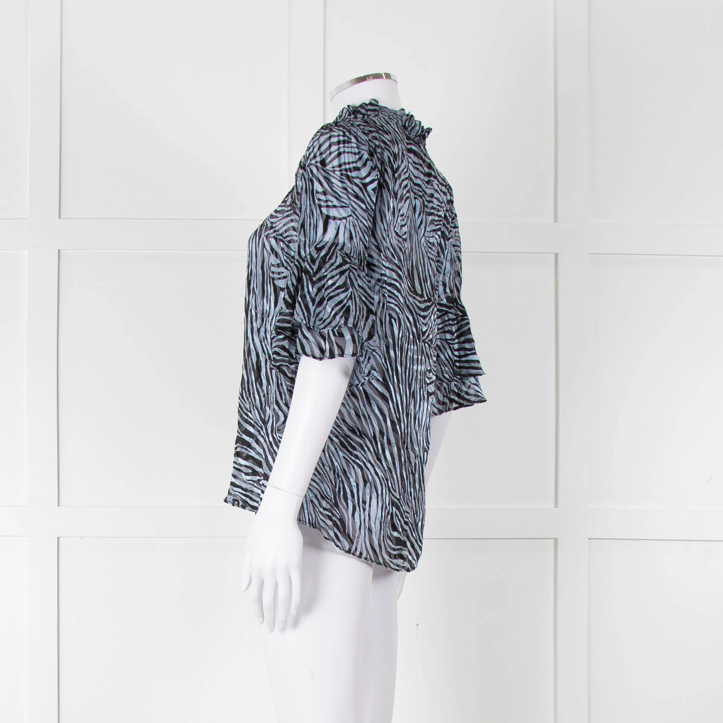 Michael By Michael Kors Blue Black Zebra Print Ruffled Sleeve Top - Image 6