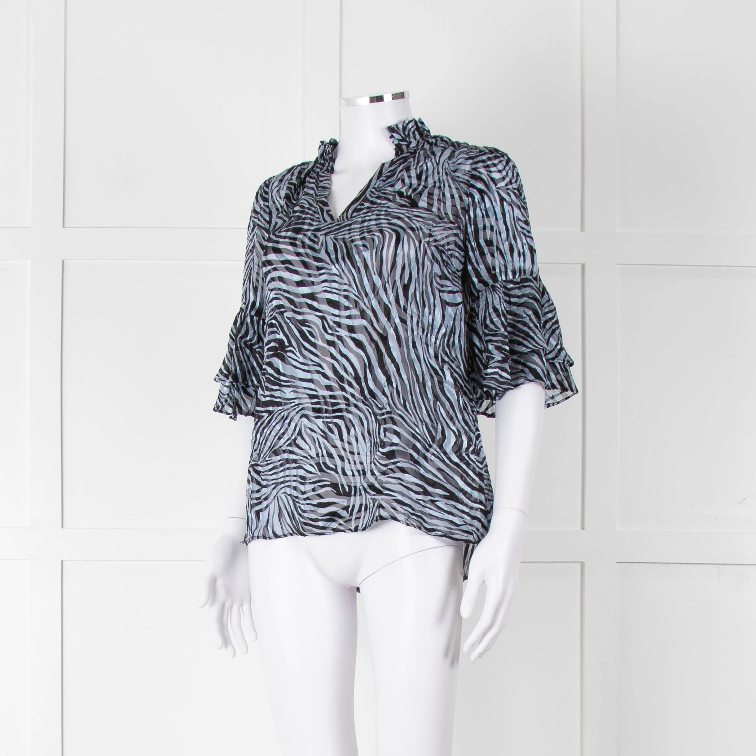 Michael By Michael Kors Blue Black Zebra Print Ruffled Sleeve Top - Image 8