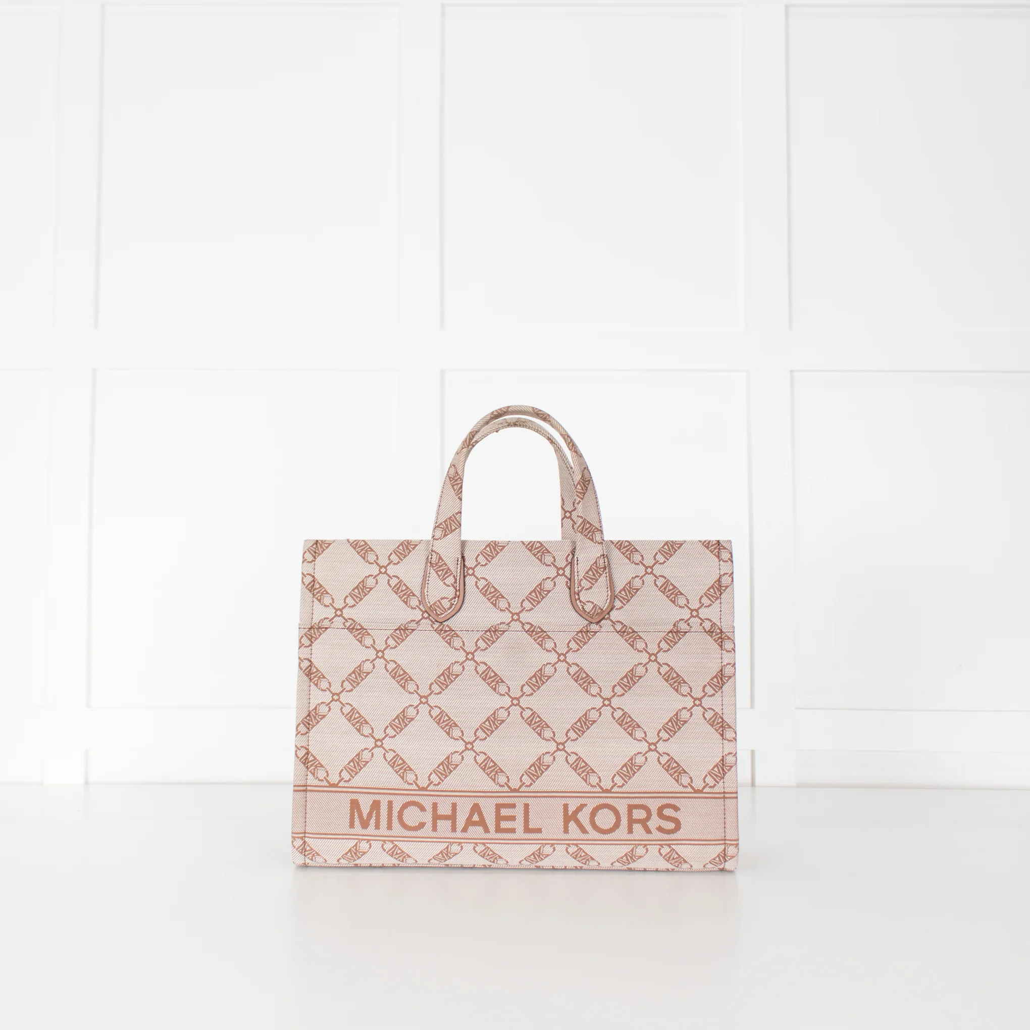 Michael Kors Beige Brown Gigi Empire Logo Jacquard Tote Bag