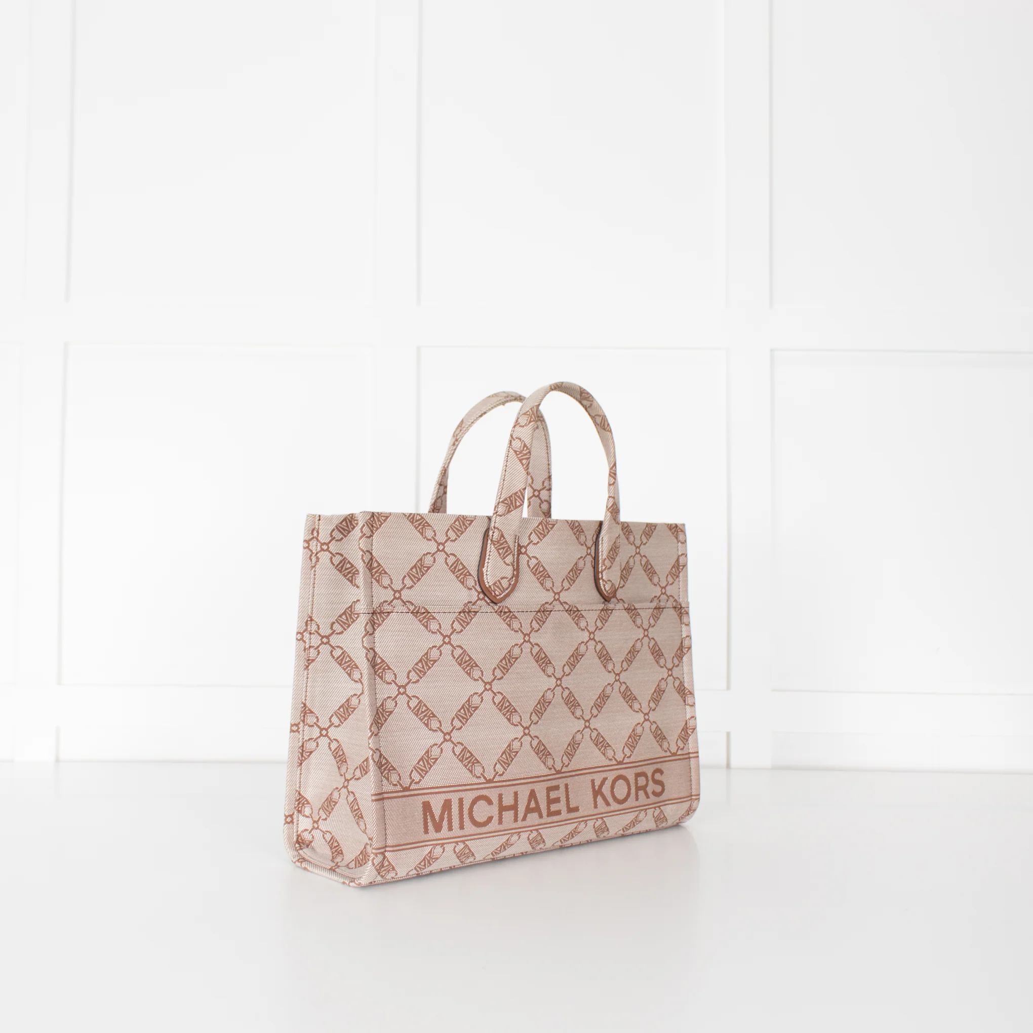 Michael Kors Beige Brown Gigi Empire Logo Jacquard Tote Bag - Image 2