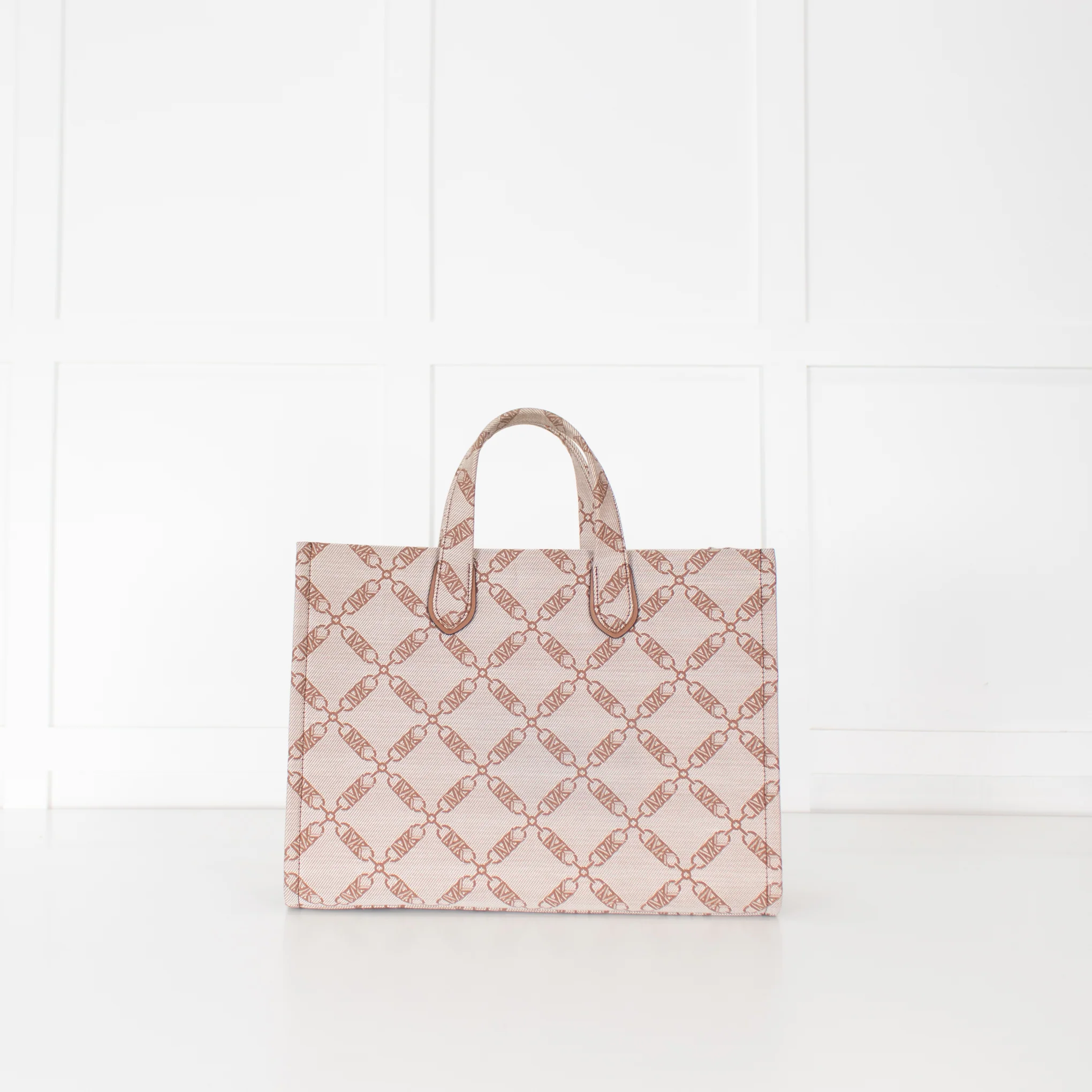 Michael Kors Beige Brown Gigi Empire Logo Jacquard Tote Bag - Image 4