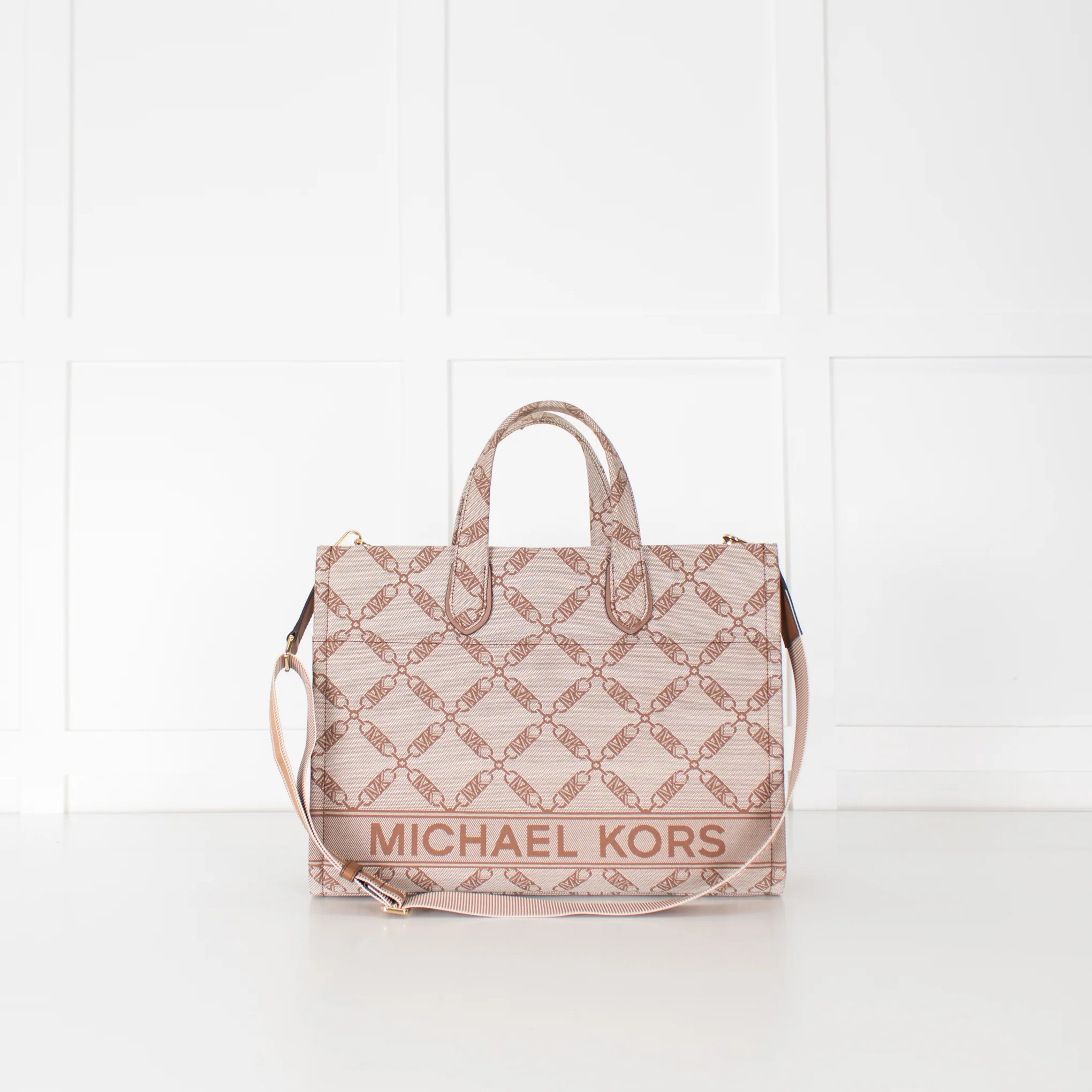 Michael Kors Beige Brown Gigi Empire Logo Jacquard Tote Bag - Image 7