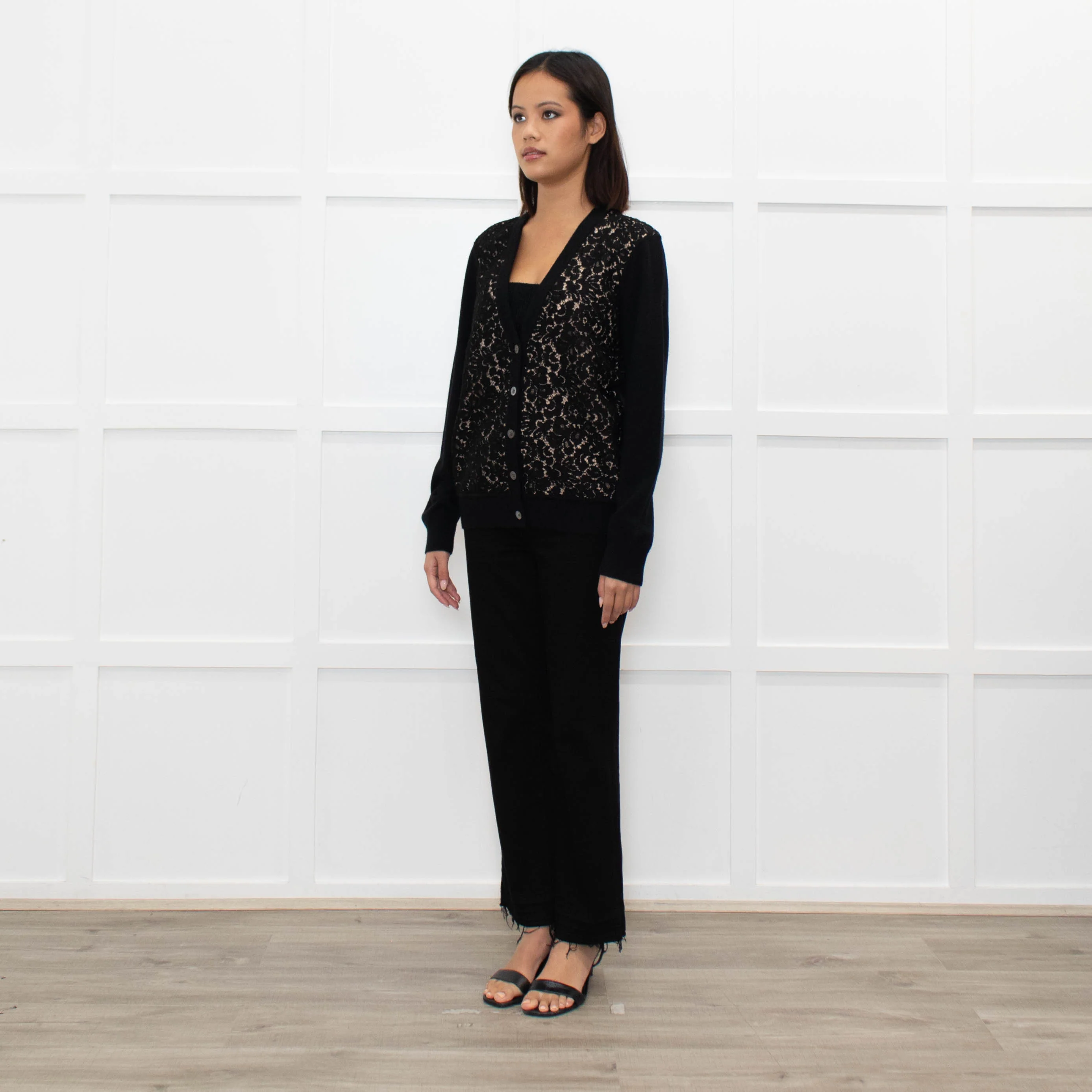 Michael Kors Black Cashmere Cardigan With Lace And Nude Front - Image 7