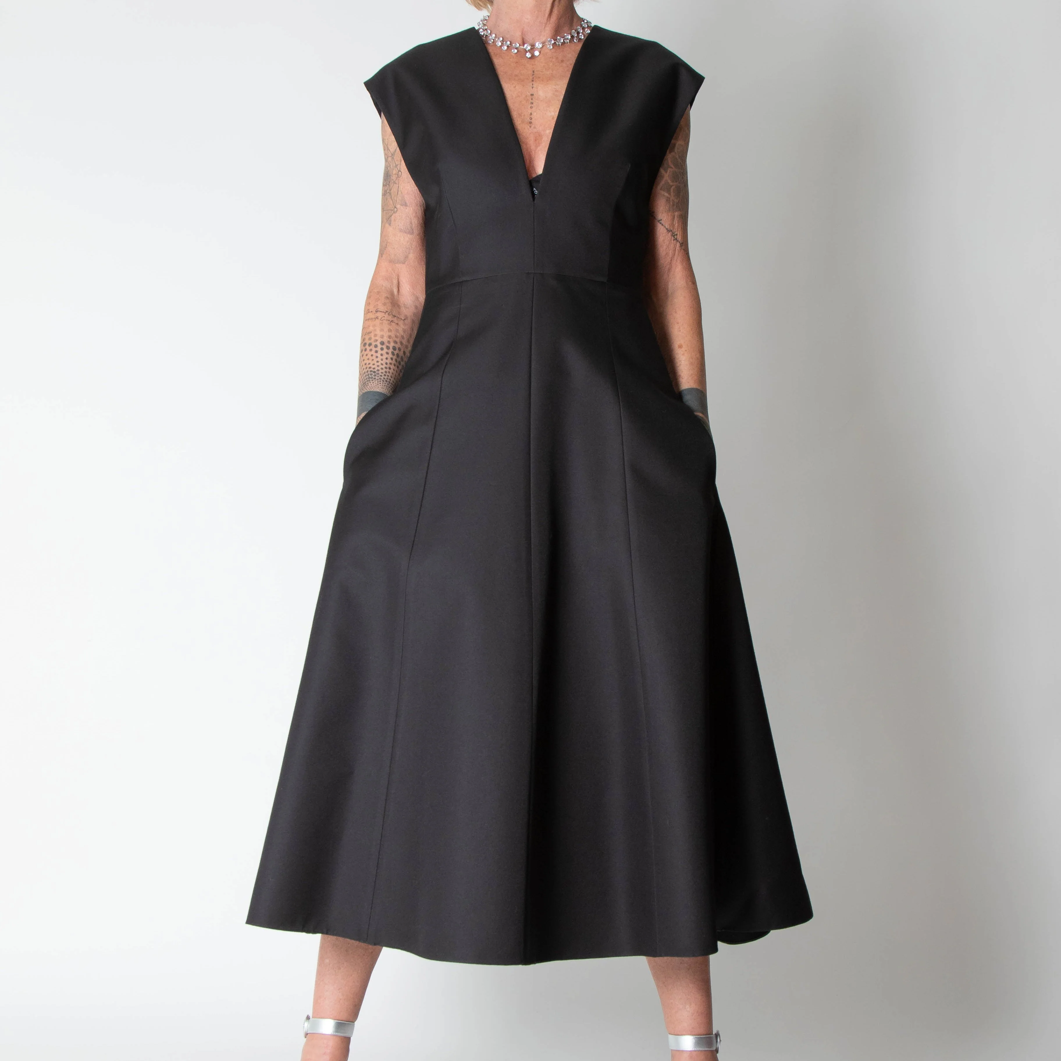 Michael Kors Collection Black Wool Silk Mix Deep V Fit & Flare Dress - Image 5