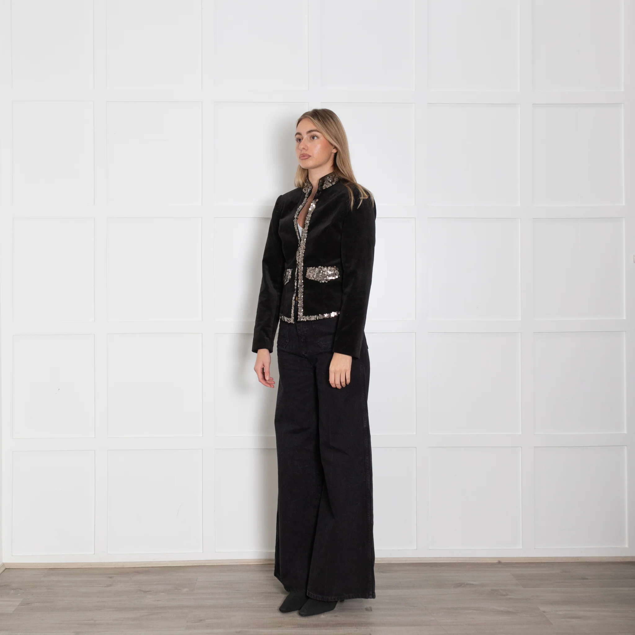 Michael Kors Dark Black Velvet Grey Sequins Jacket - Image 3