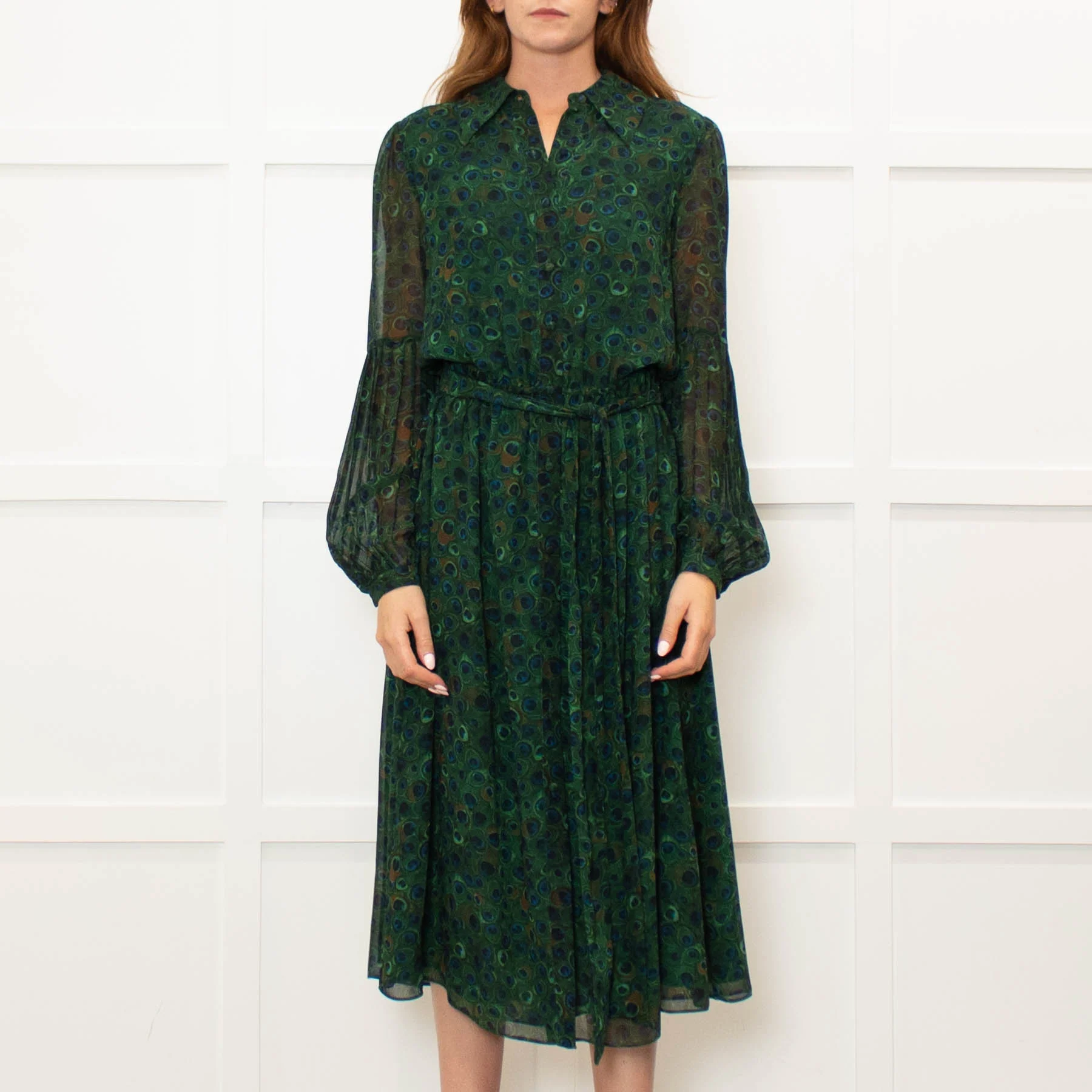 Michael Kors Green Blue Peacock Print Full Length Dress - Image 2
