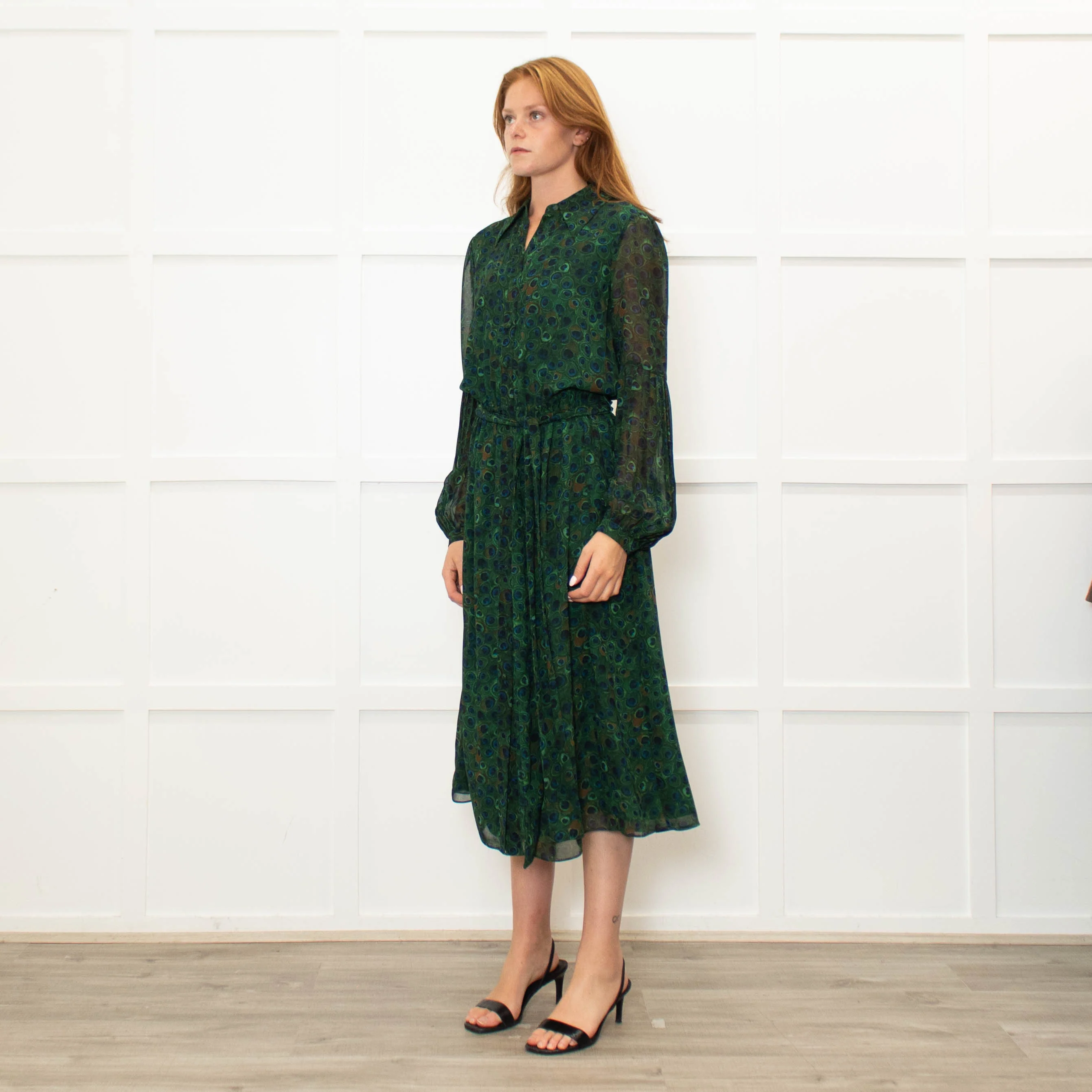 Michael Kors Green Blue Peacock Print Full Length Dress - Image 3