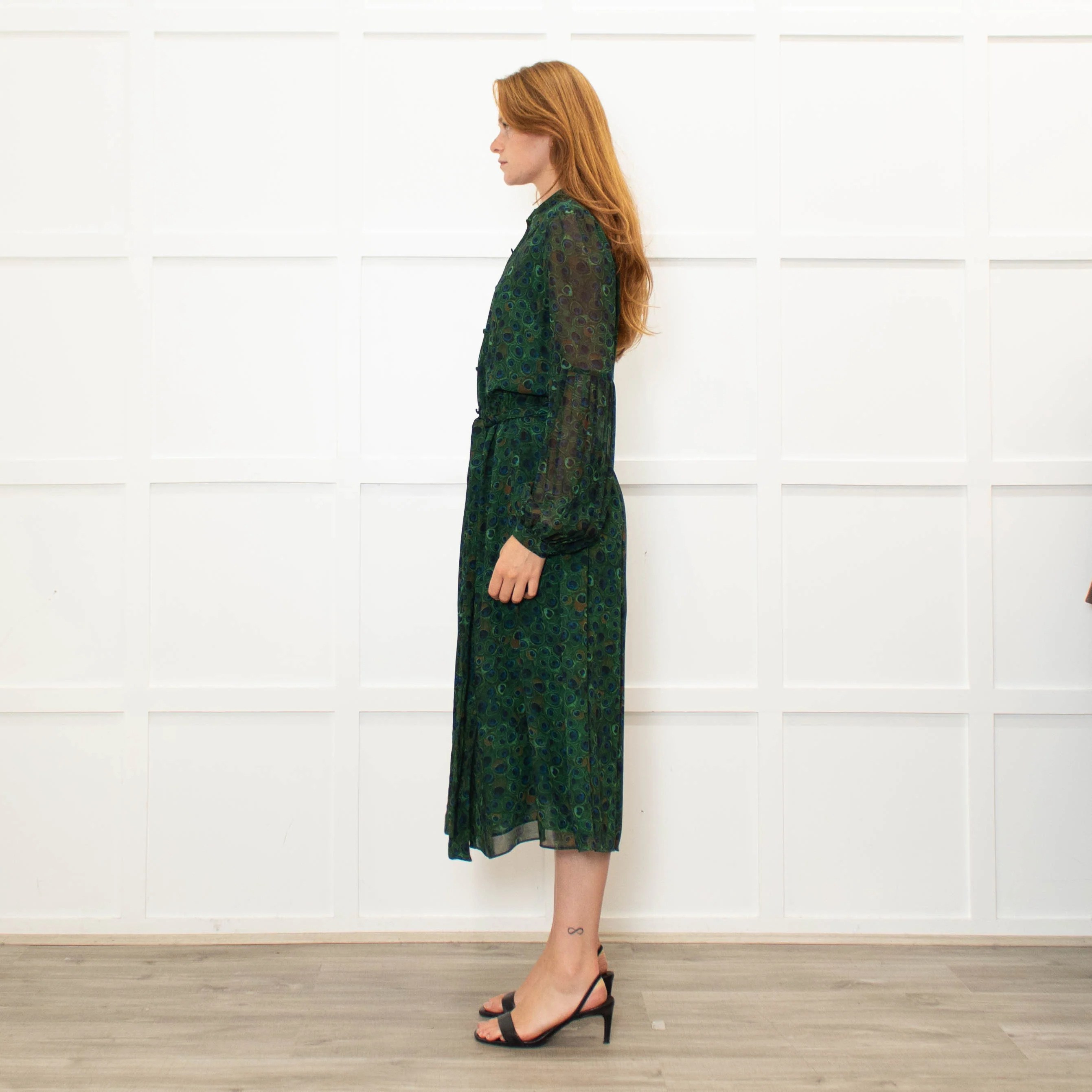 Michael Kors Green Blue Peacock Print Full Length Dress - Image 4