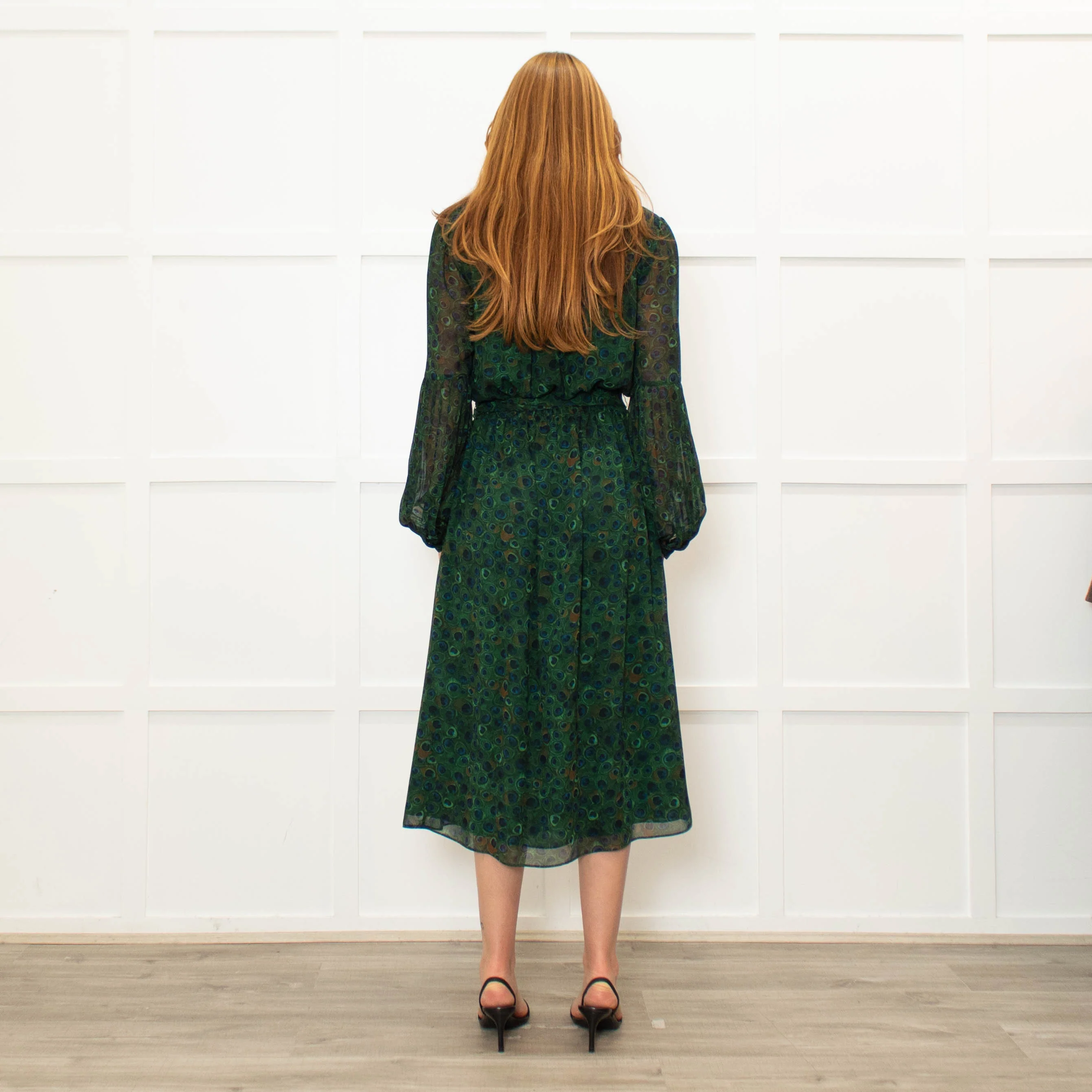 Michael Kors Green Blue Peacock Print Full Length Dress - Image 5