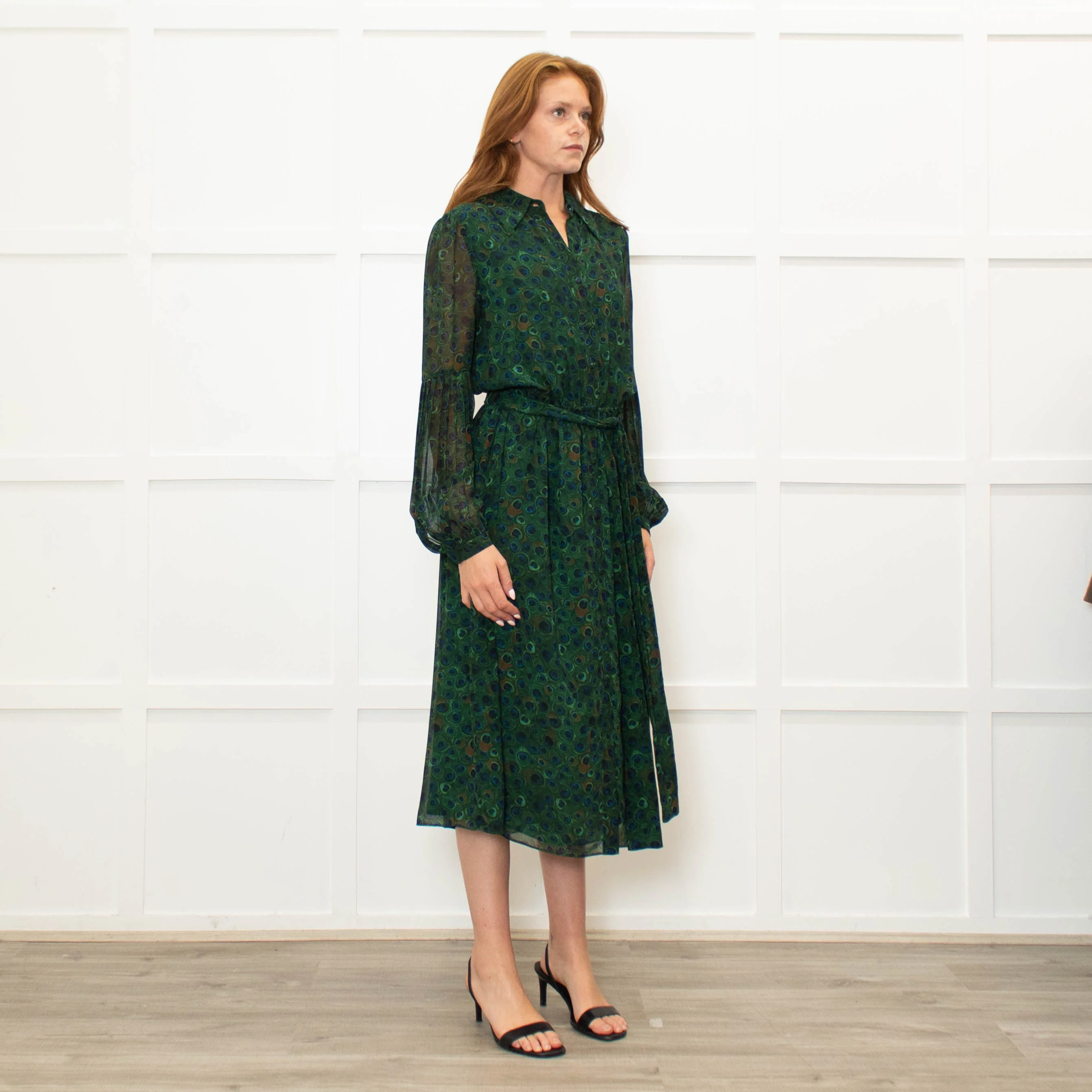 Michael Kors Green Blue Peacock Print Full Length Dress - Image 7