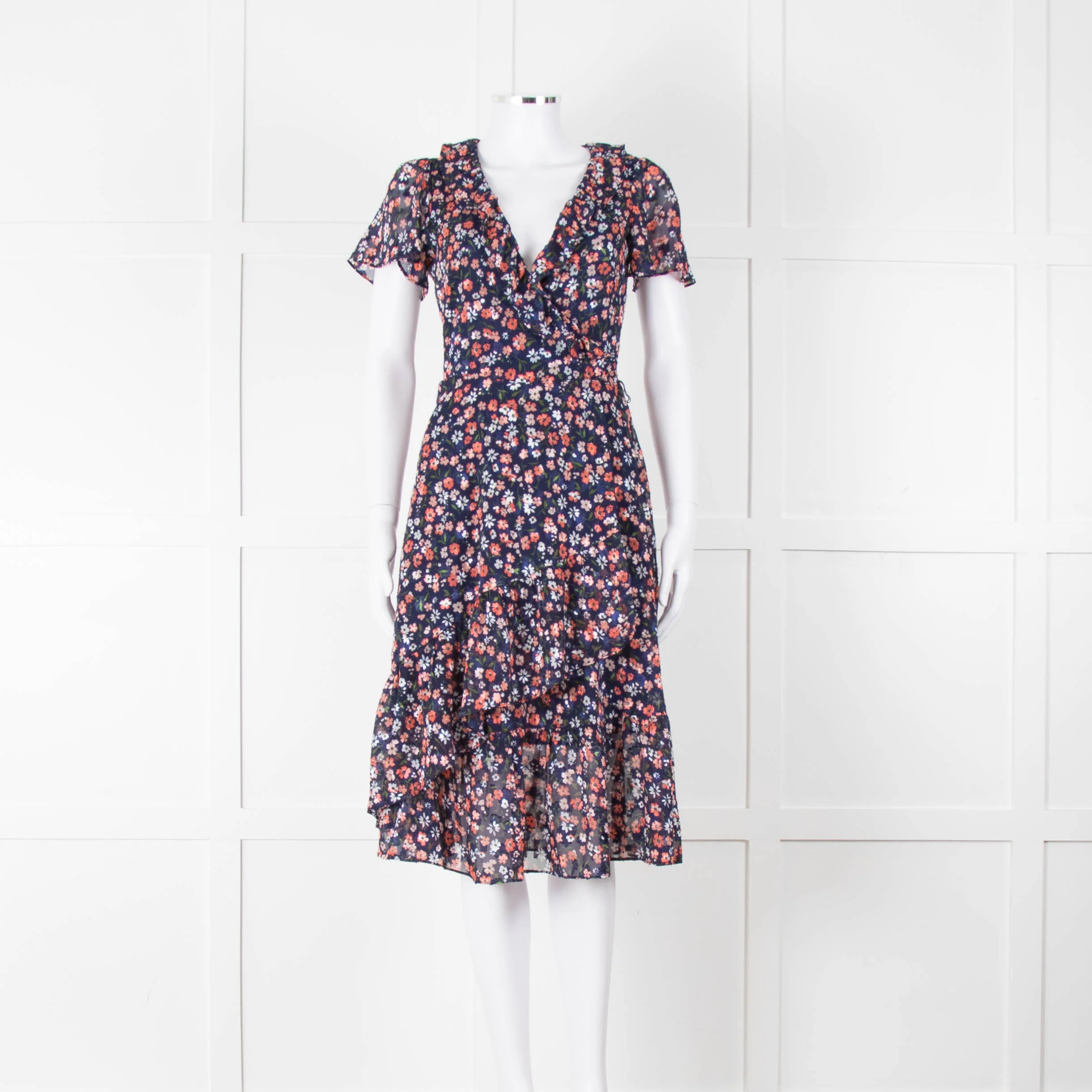 Michael Kors Navy Orange Floral Short Sleeve Wrap Dress