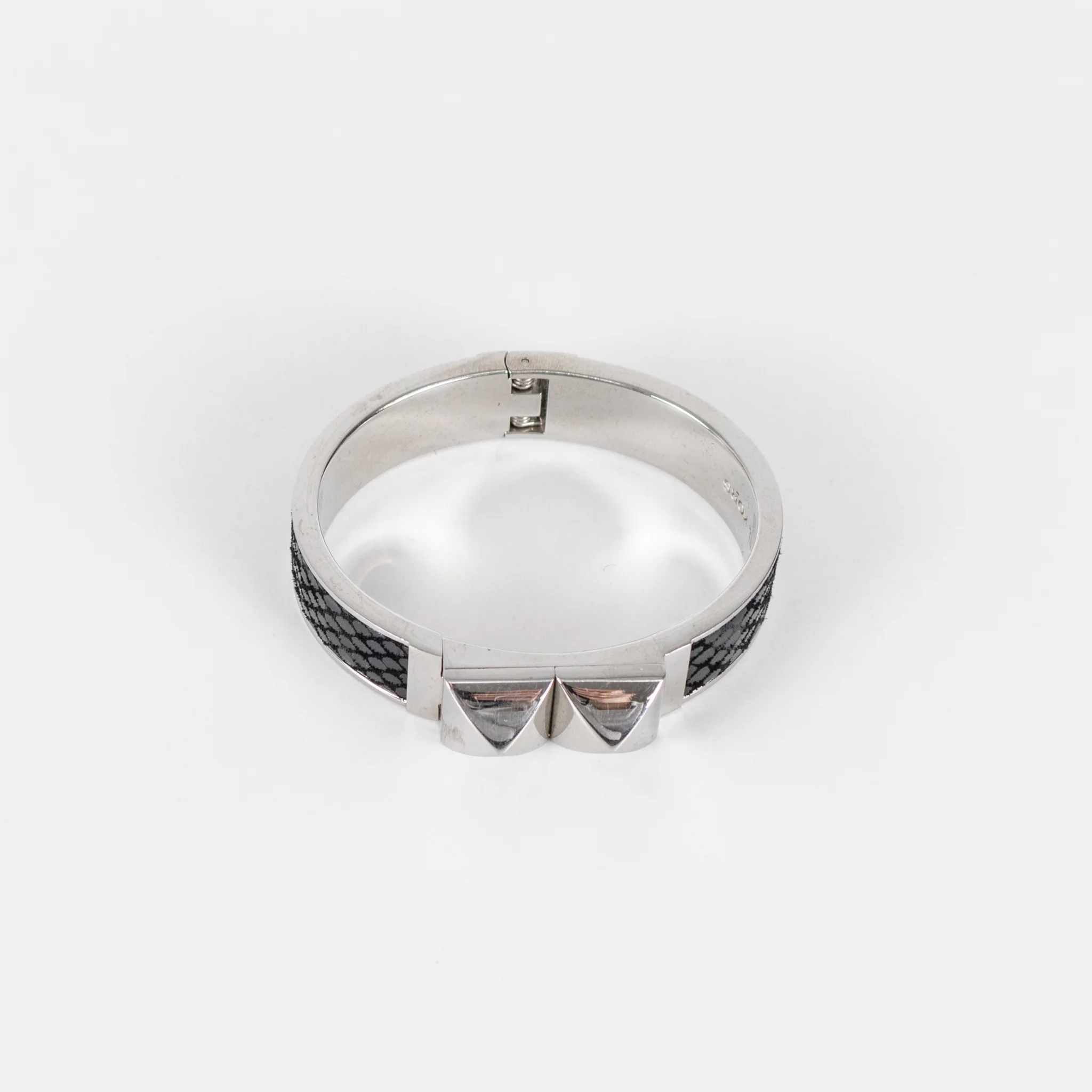 Michael Kors Silver Tone & Black Python Embossed Pyramid Stud Bangle Bracelet - Image 4