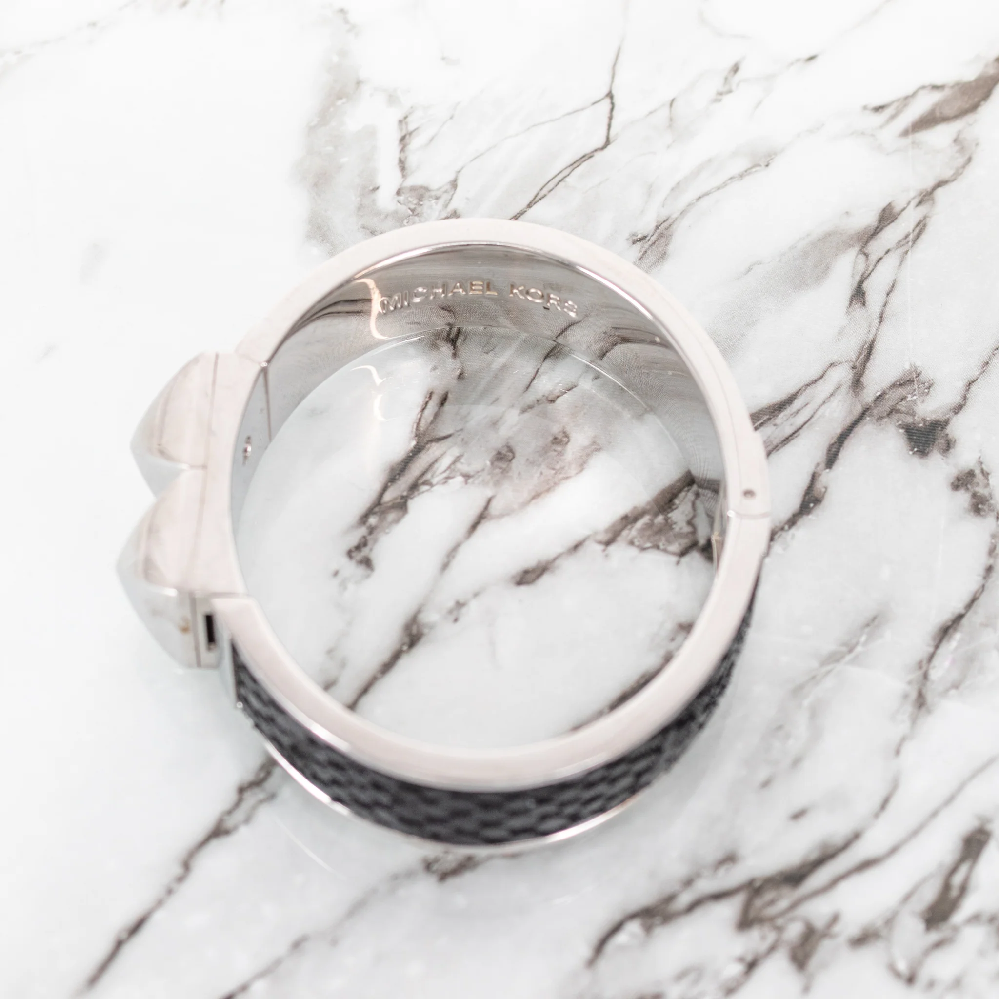 Michael Kors Silver Tone & Black Python Embossed Pyramid Stud Bangle Bracelet - Image 9