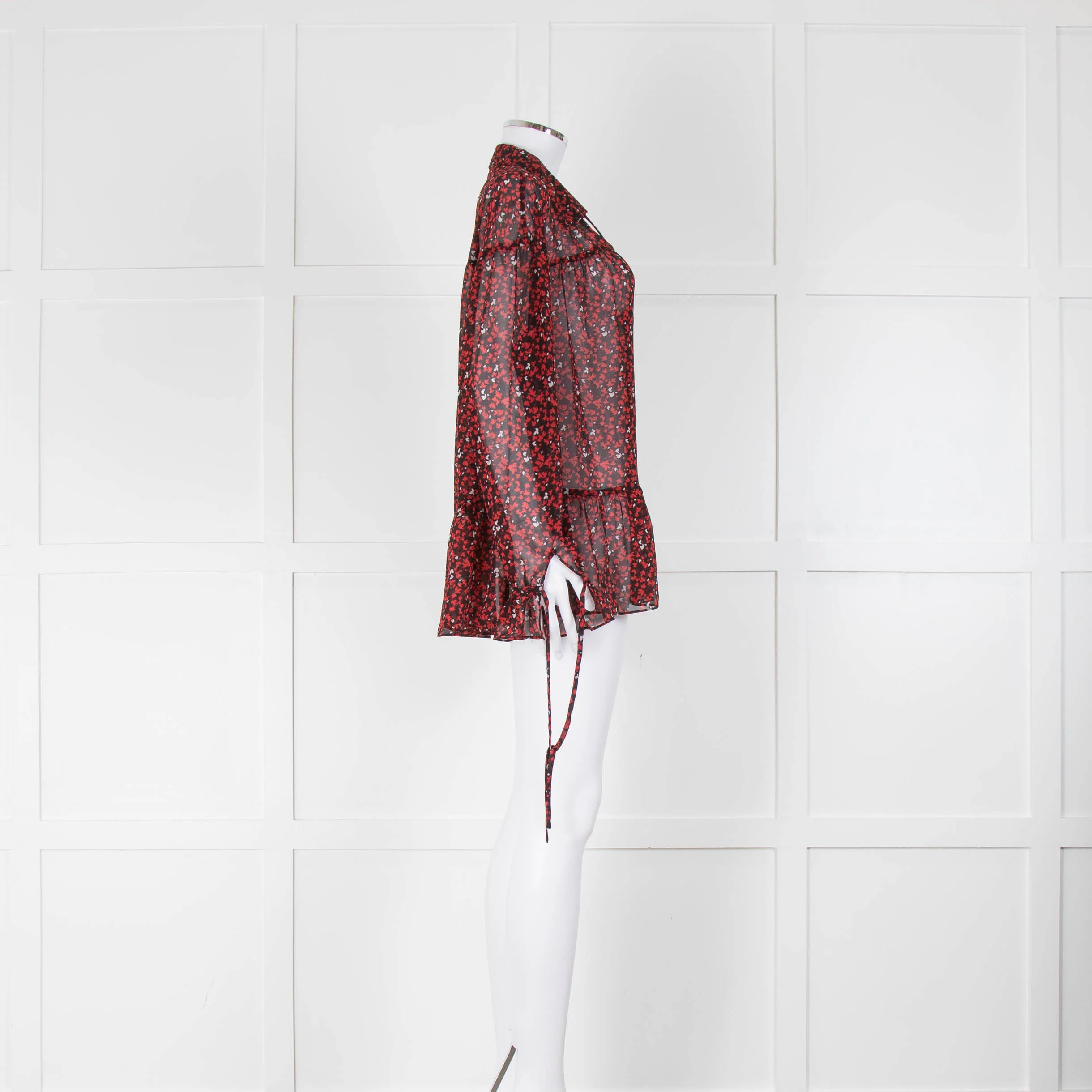 Michael Michael Kors Black, Red , White Patterned Blouse With Tassels & Frill Sleeves - Image 2