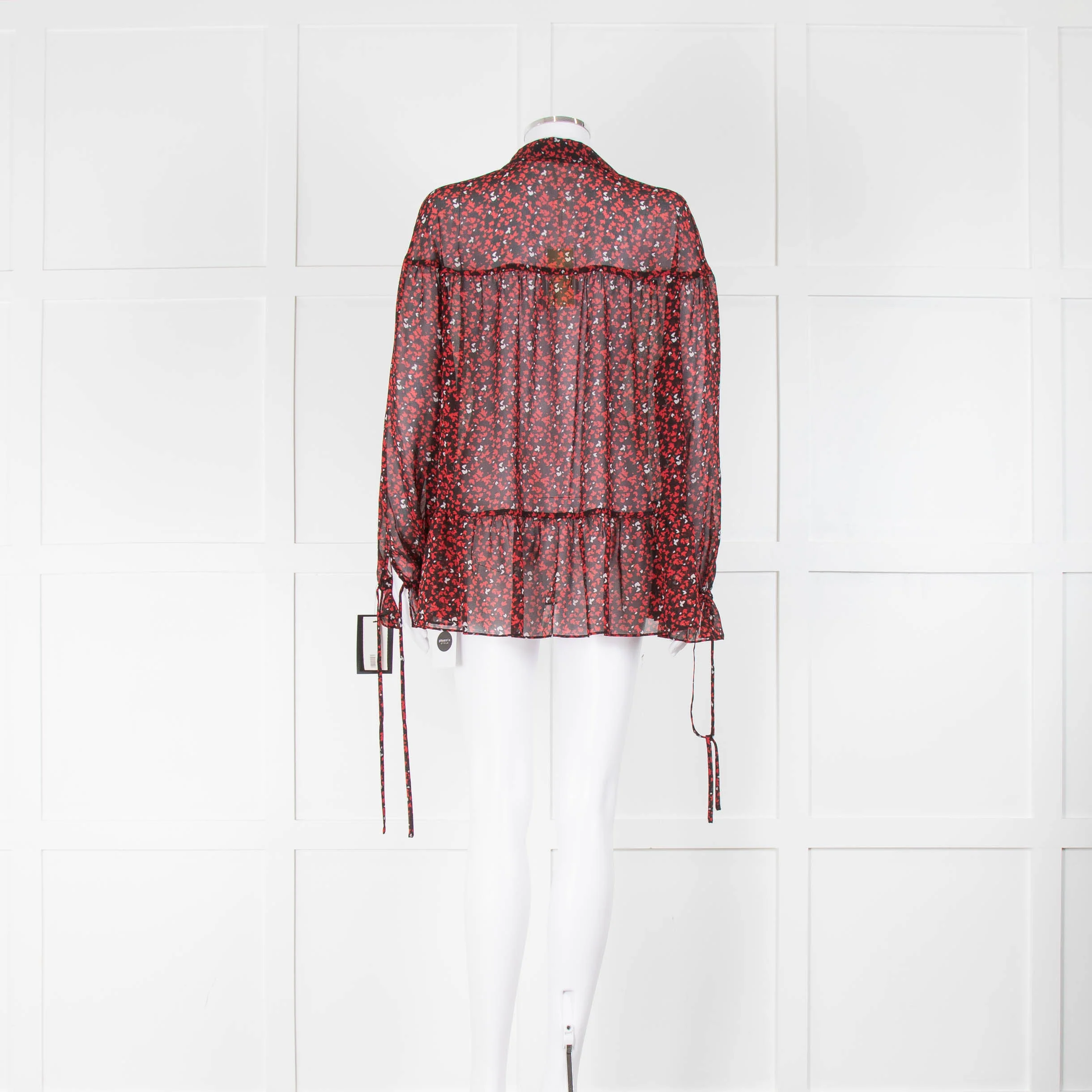 Michael Michael Kors Black, Red , White Patterned Blouse With Tassels & Frill Sleeves - Image 3