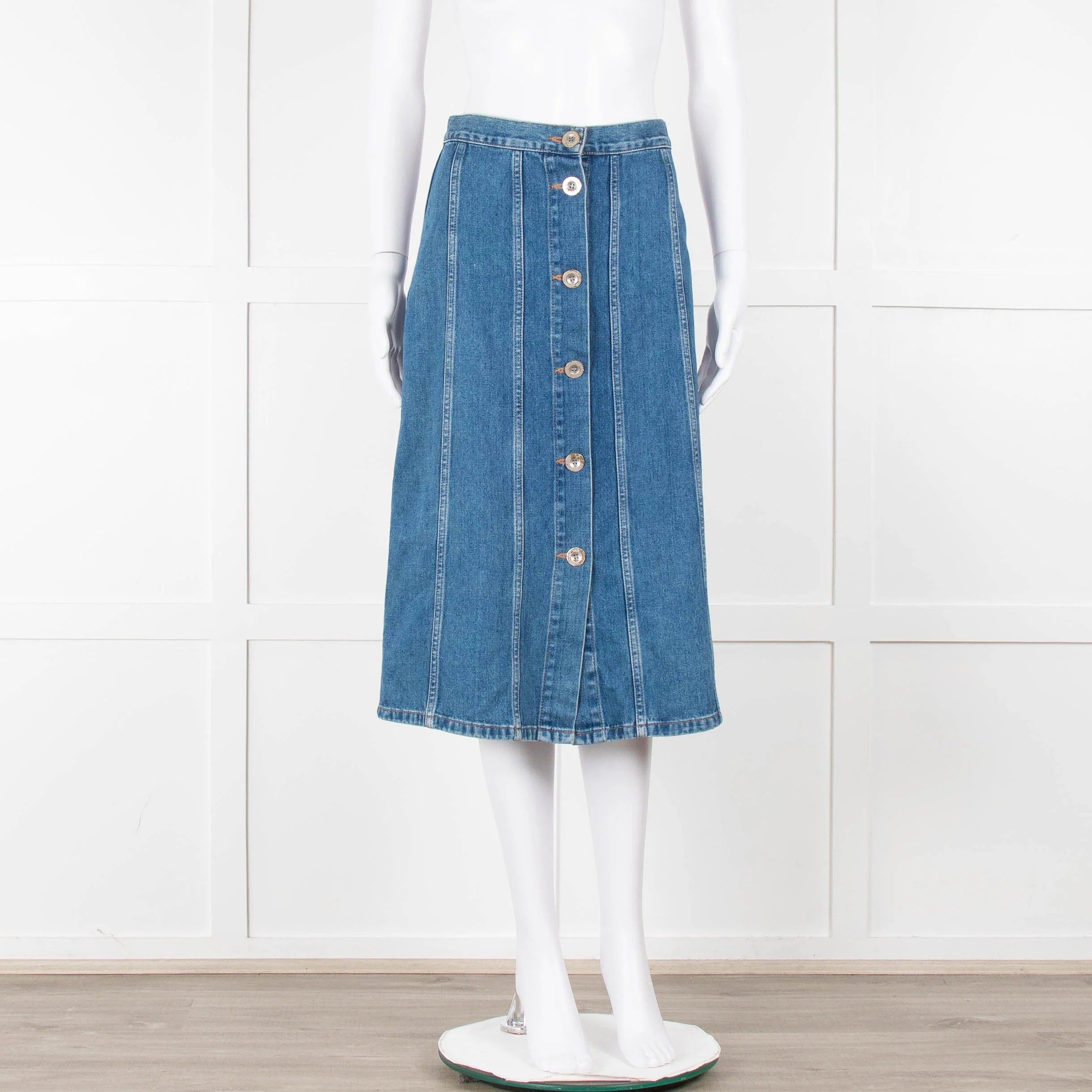 M.i.h Jeans Blue Denim Silver Front Button Detail Midi Skirt