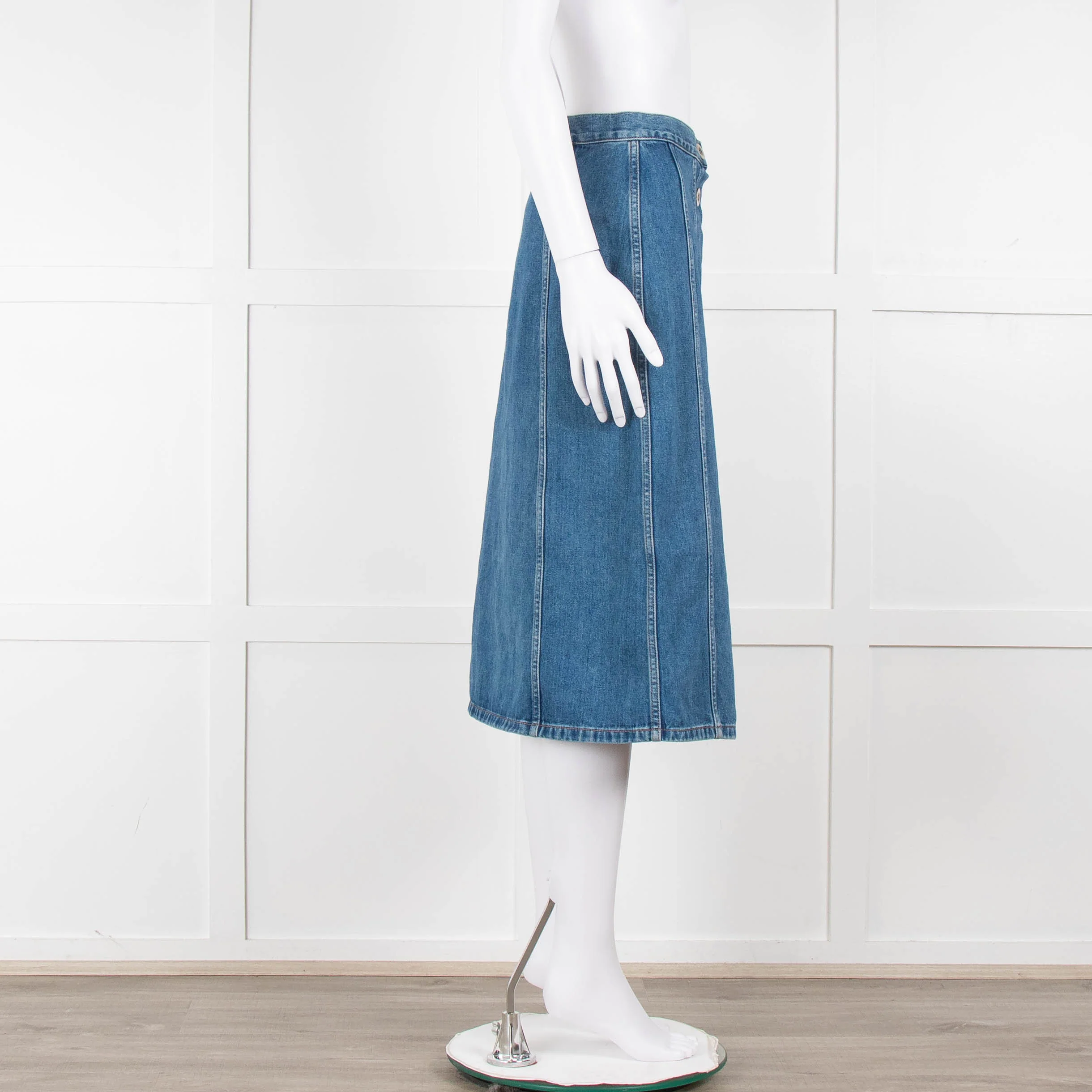 M.i.h Jeans Blue Denim Silver Front Button Detail Midi Skirt - Image 3
