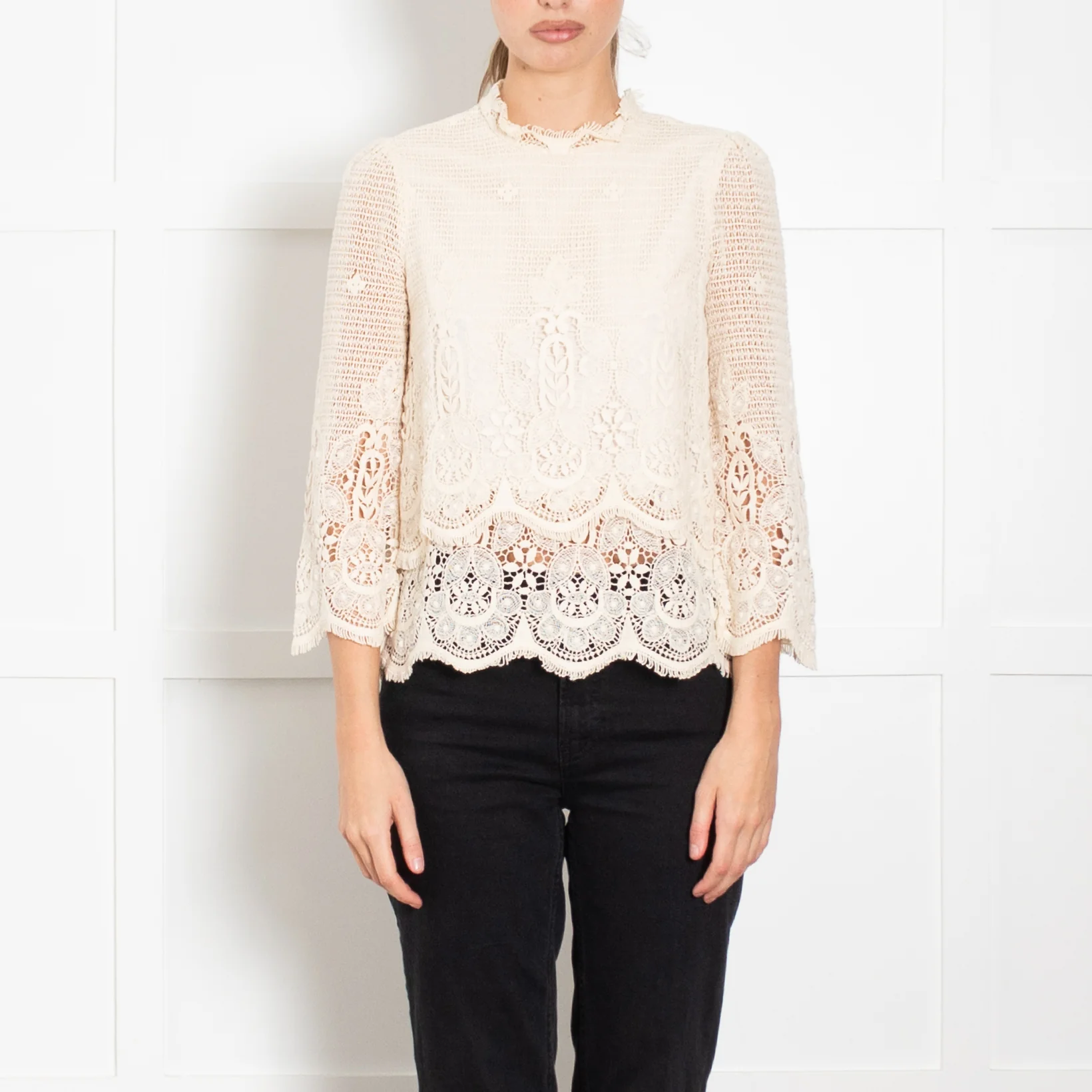 MIH Jeans Cream Broderie Anglaise Cotton Long Sleeve Top - Image 2
