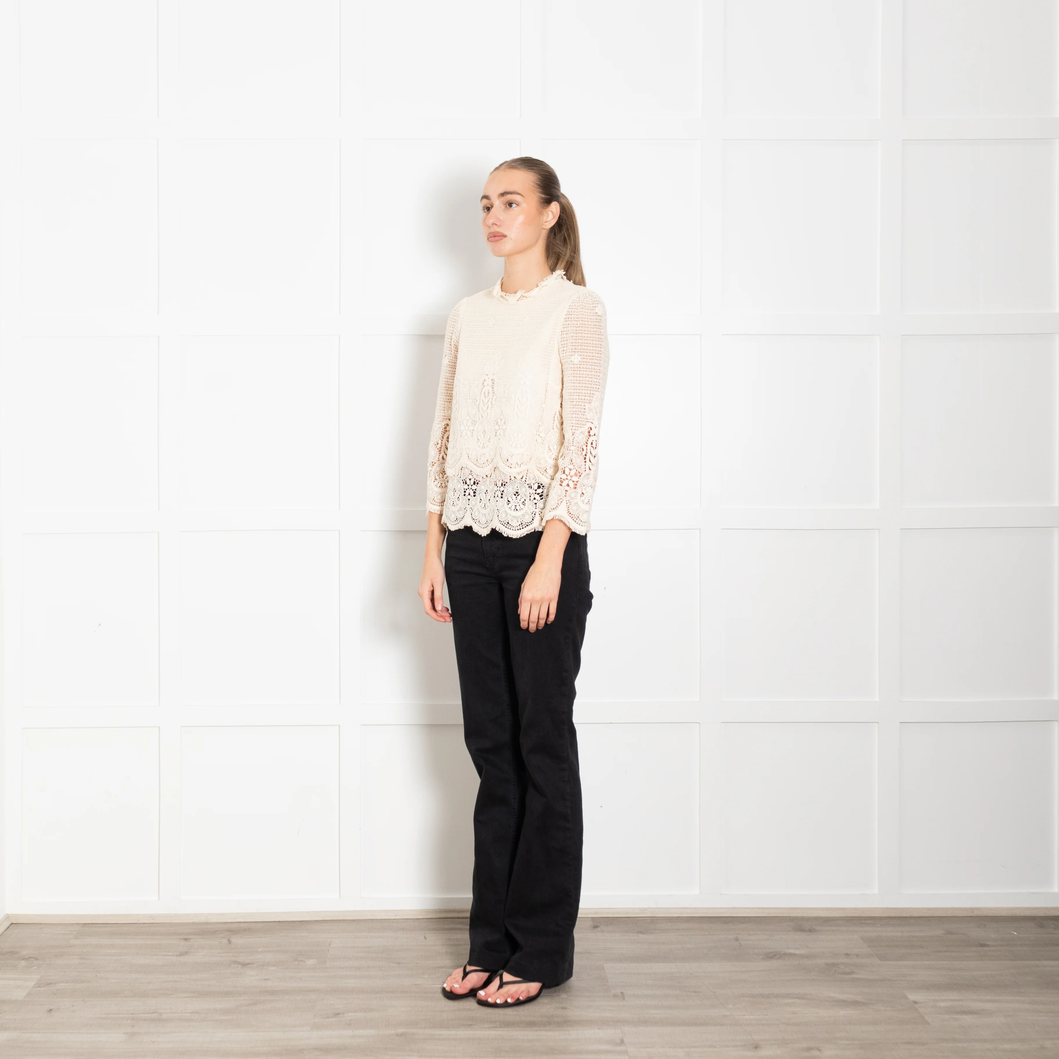 MIH Jeans Cream Broderie Anglaise Cotton Long Sleeve Top - Image 3