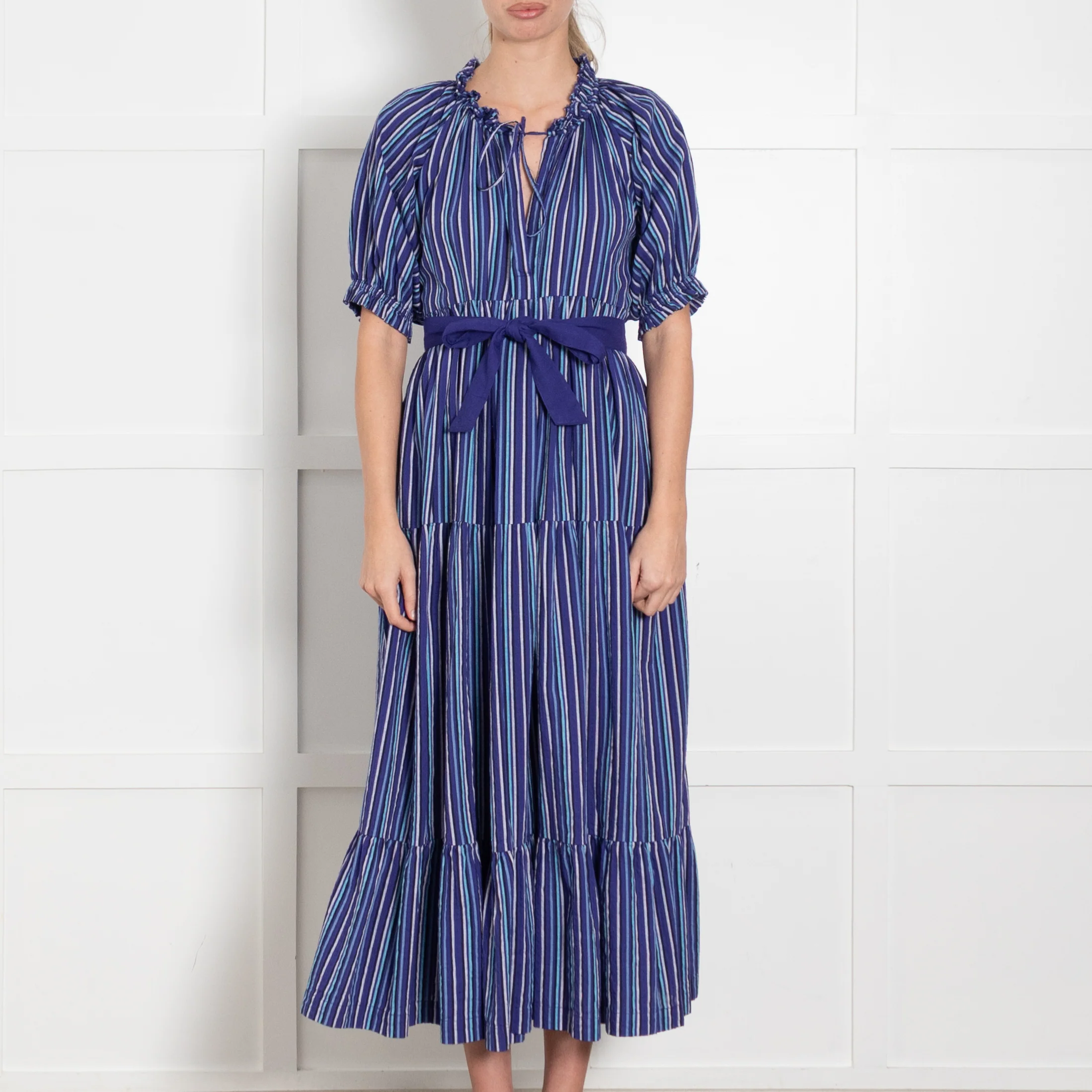 Mii Purple Blue Striped Tiered Cotton Belted Maxi Dress - Image 2