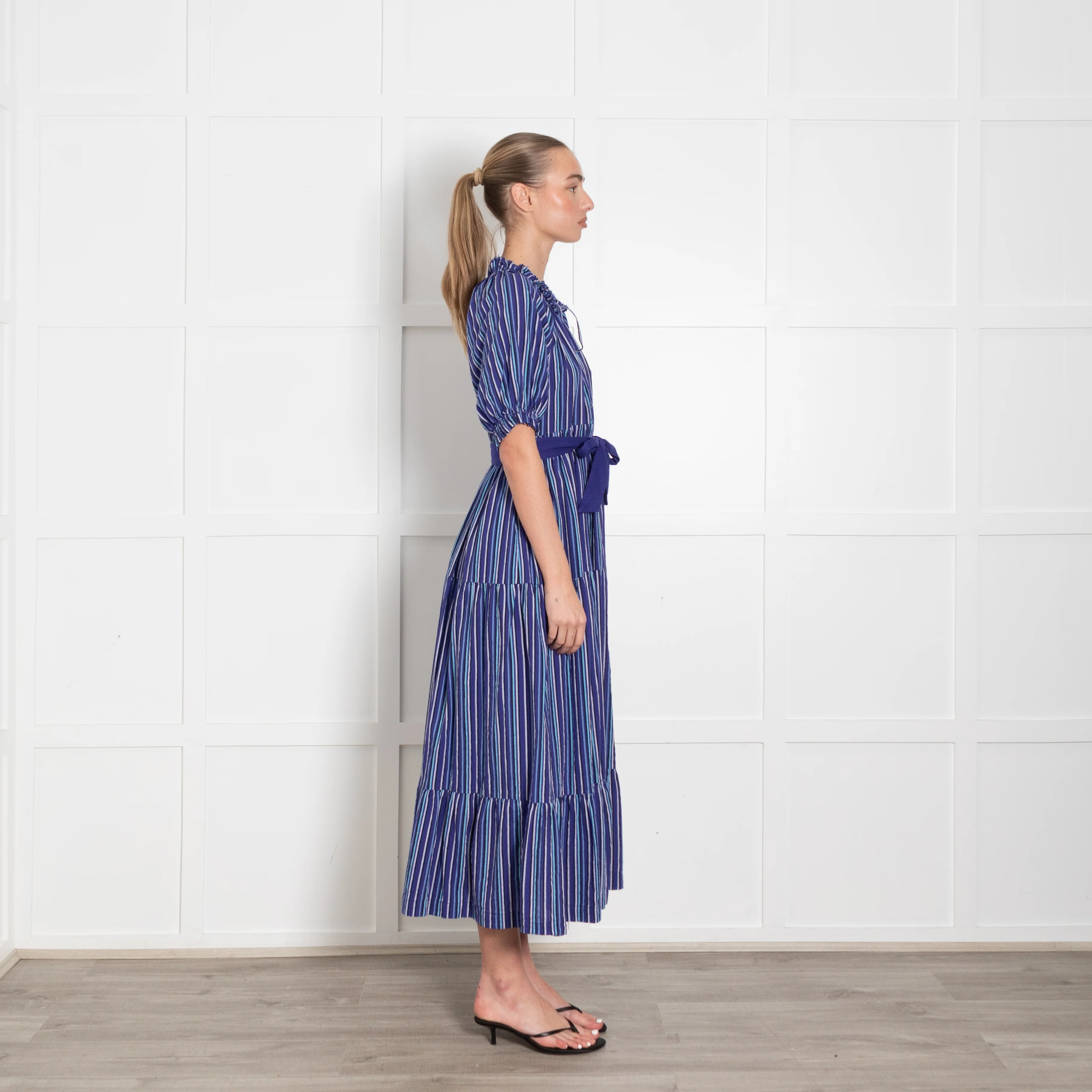 Mii Purple Blue Striped Tiered Cotton Belted Maxi Dress - Image 6