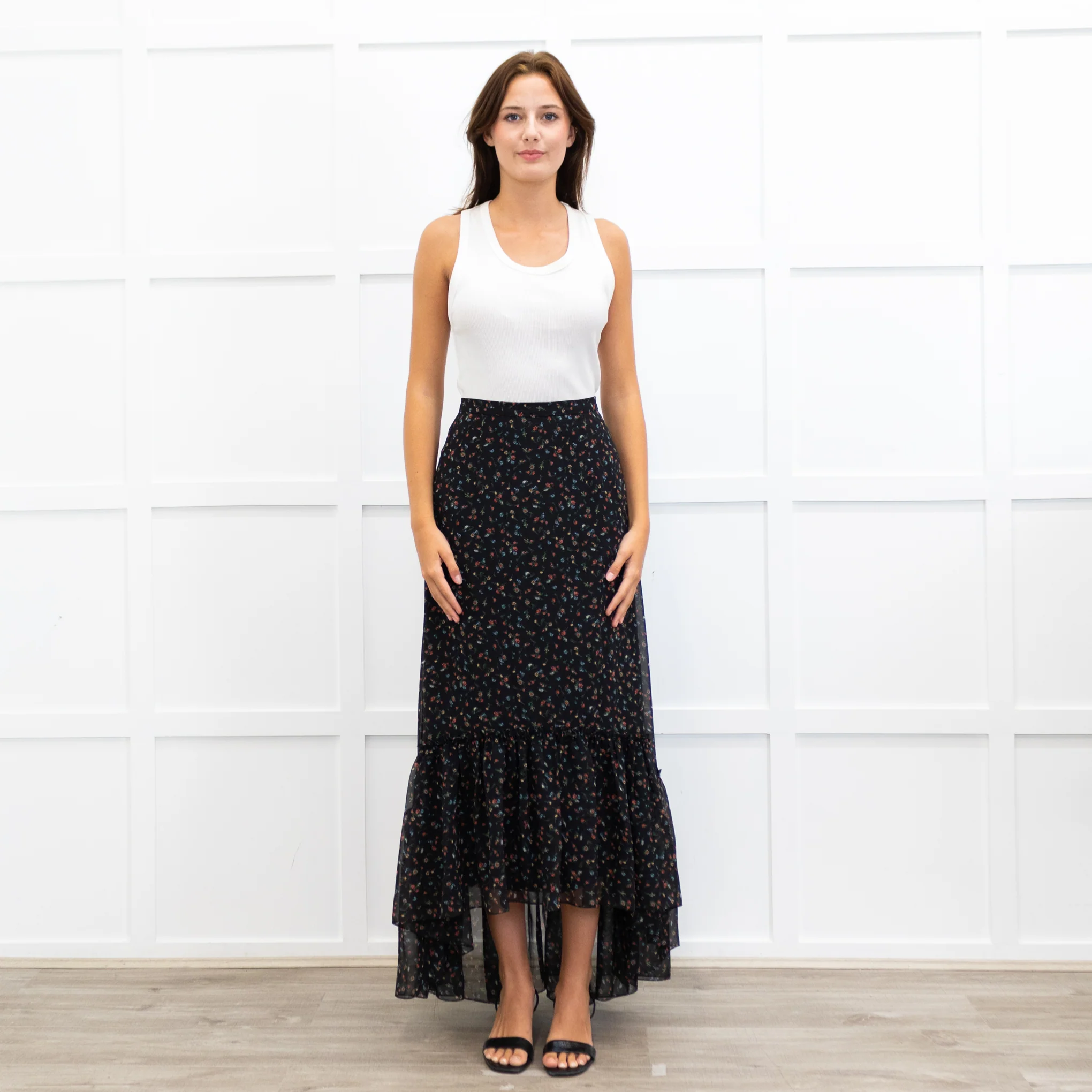 Mikael Aghal Black Crepe Asymmetric Floral Print Maxi Skirt