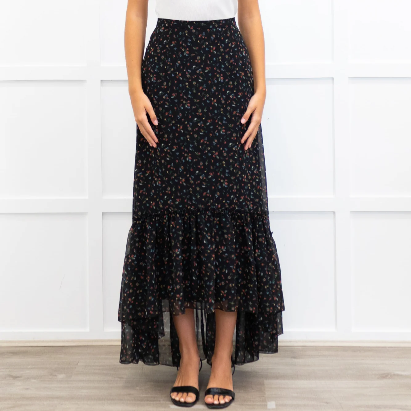 Mikael Aghal Black Crepe Asymmetric Floral Print Maxi Skirt - Image 2