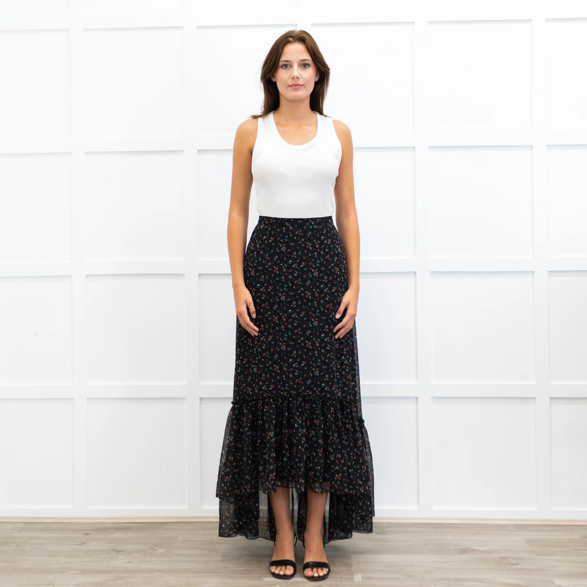 Mikael Aghal Black Crepe Asymmetric Floral Print Maxi Skirt - Image 3