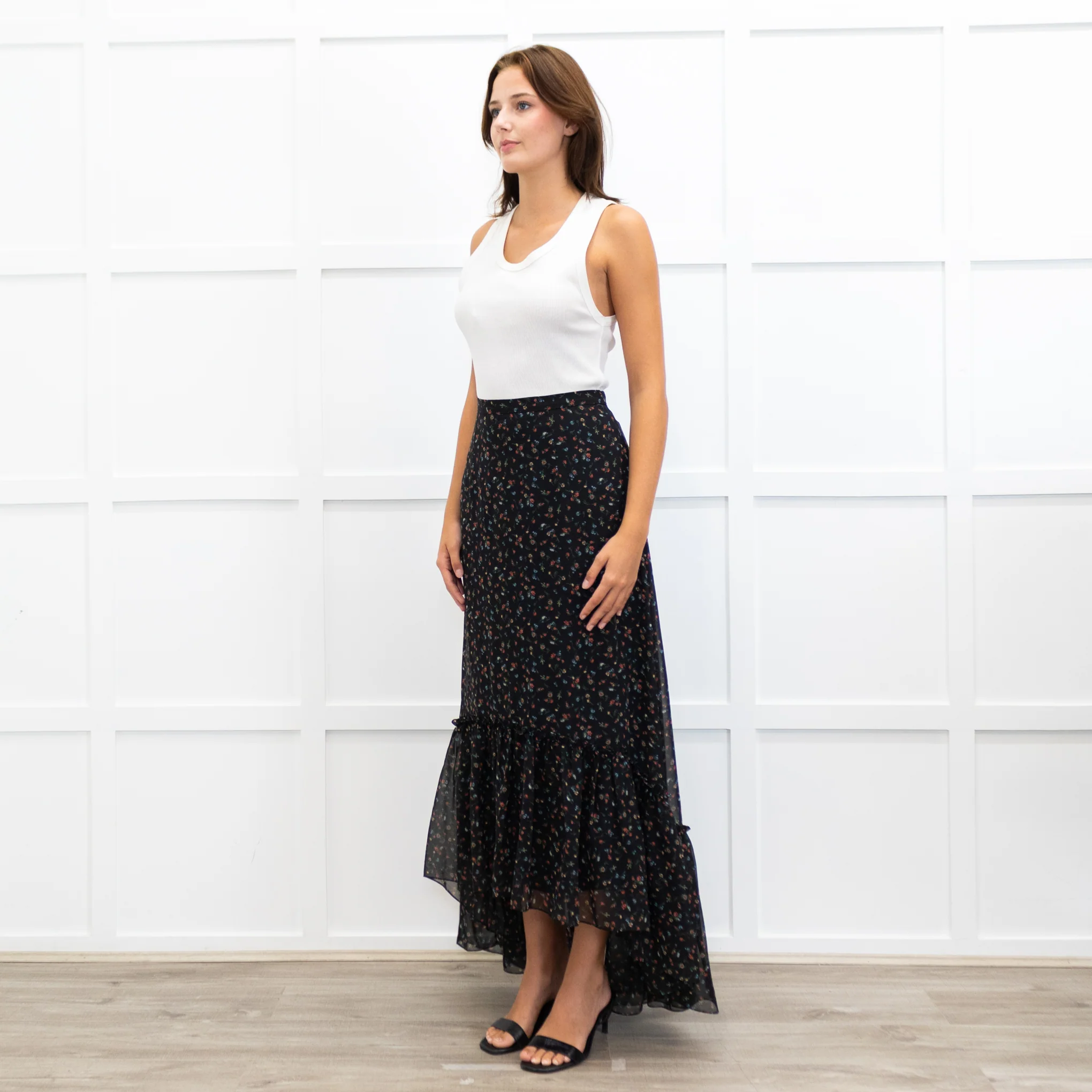 Mikael Aghal Black Crepe Asymmetric Floral Print Maxi Skirt - Image 4