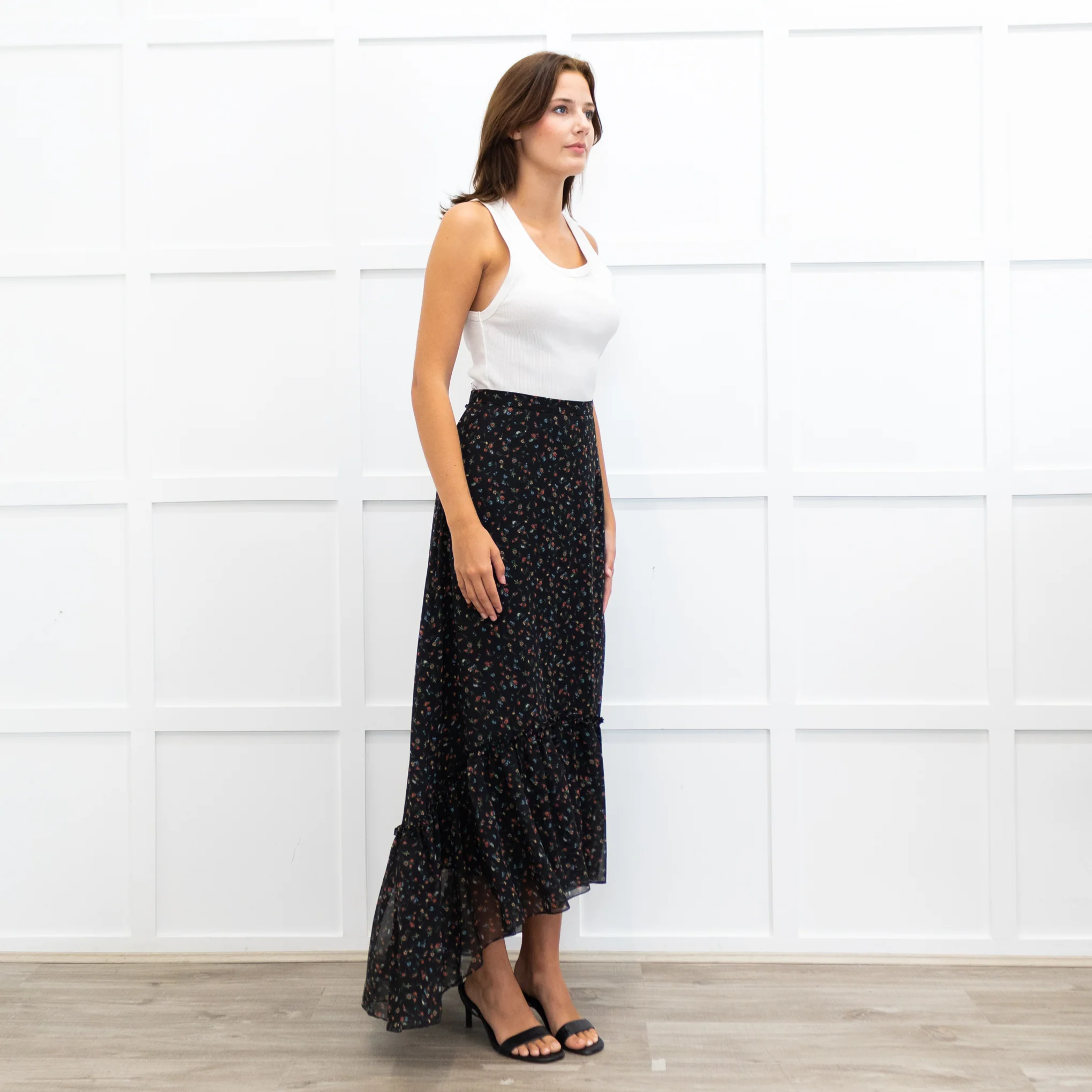 Mikael Aghal Black Crepe Asymmetric Floral Print Maxi Skirt - Image 5