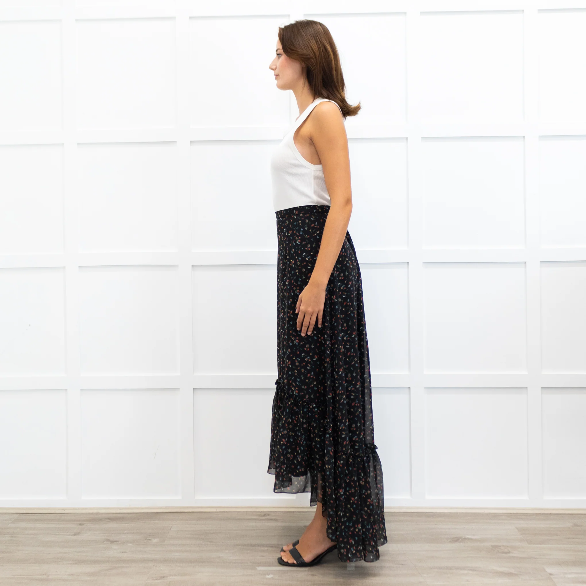 Mikael Aghal Black Crepe Asymmetric Floral Print Maxi Skirt - Image 6